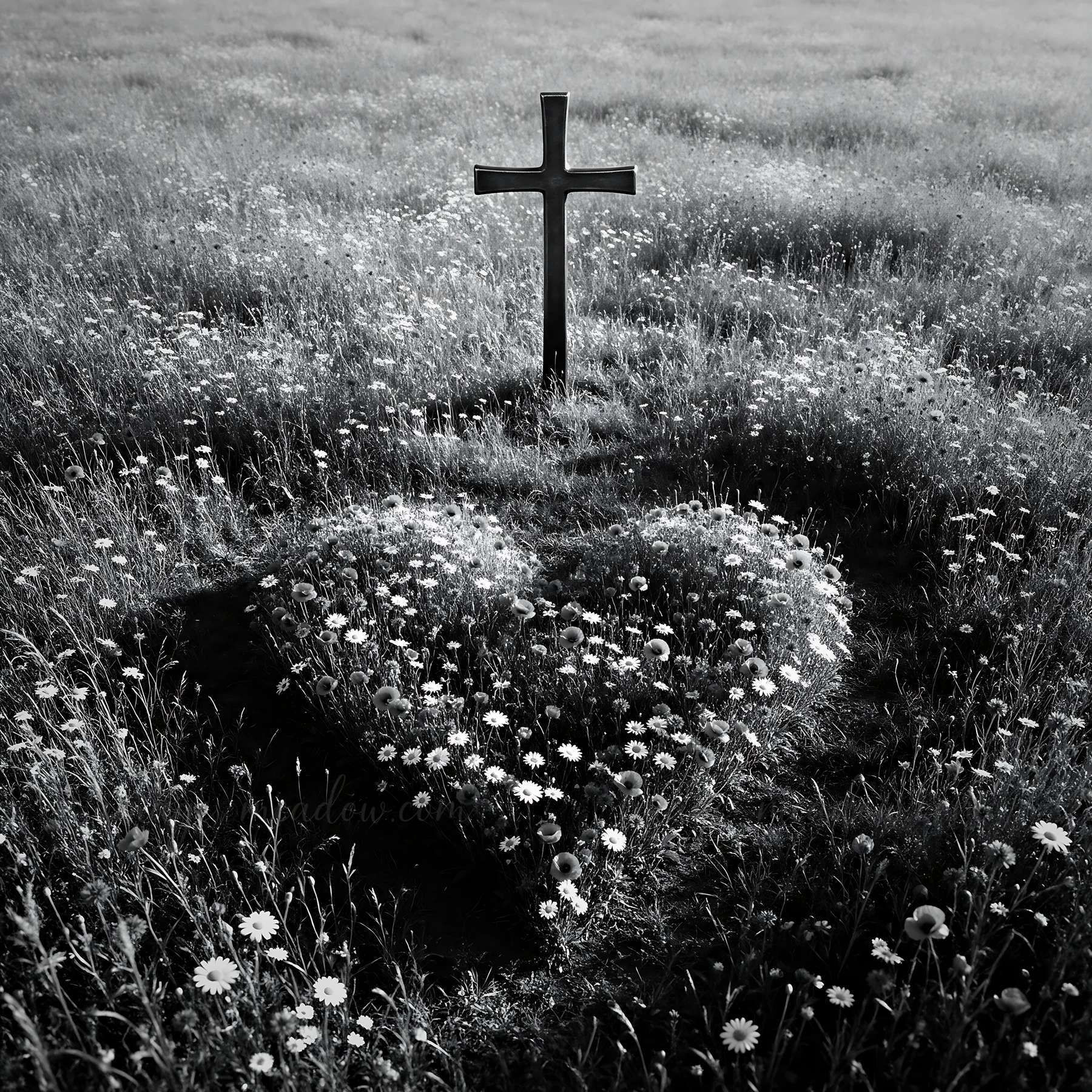 A dark wooden cross stands in a summer meadow surrounded by wildflowers. The sunlight casts shadows creating a heart shape in the grass. This scene captures a m