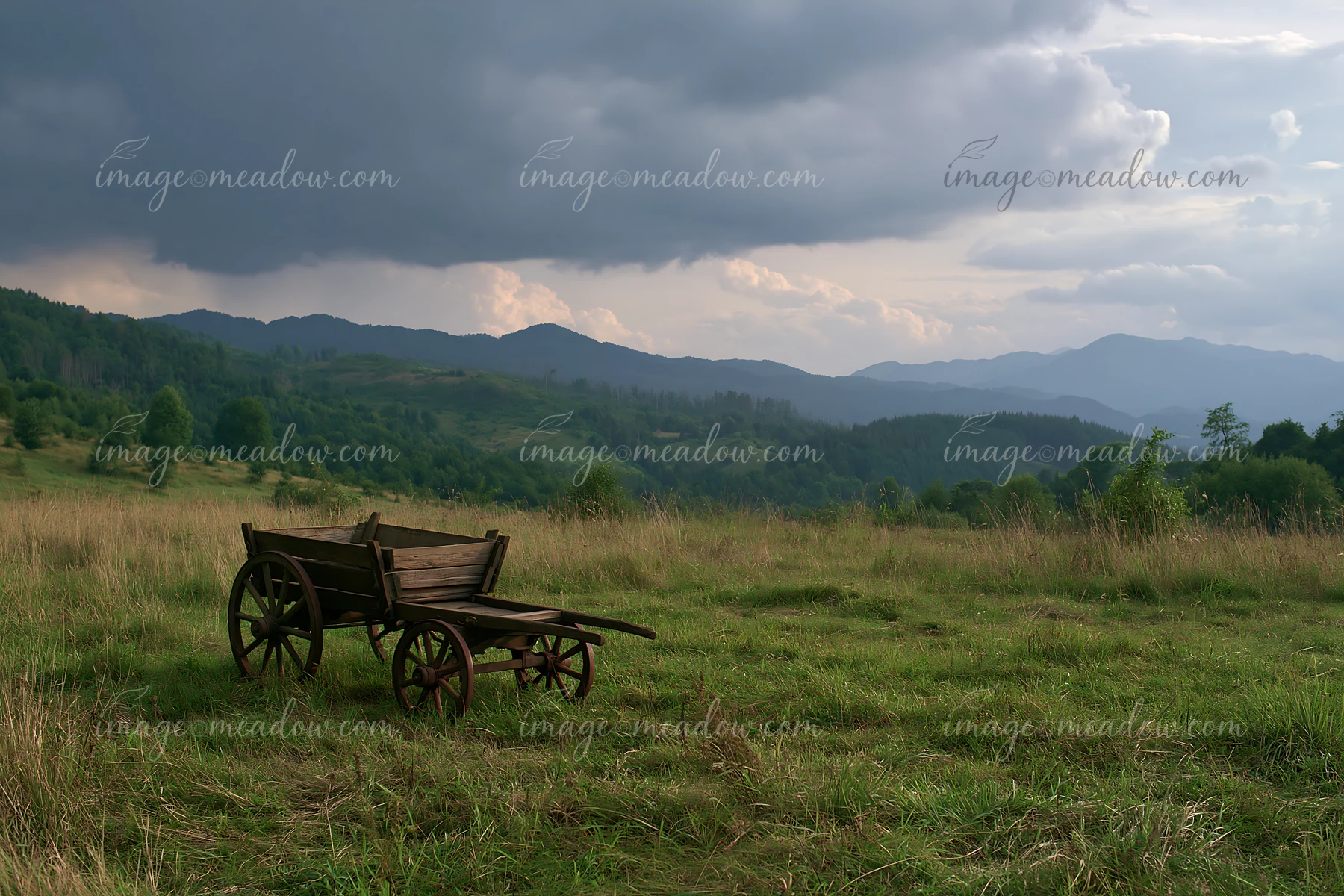 Dark storm clouds form over an open meadow where a wooden cart sits on the grass.