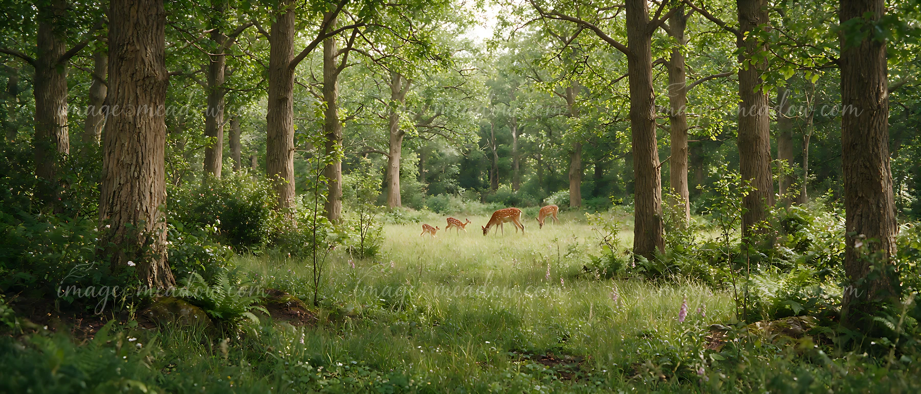 Deer are grazing in a shaded meadow in woodland clearing surrounded by tall trees.