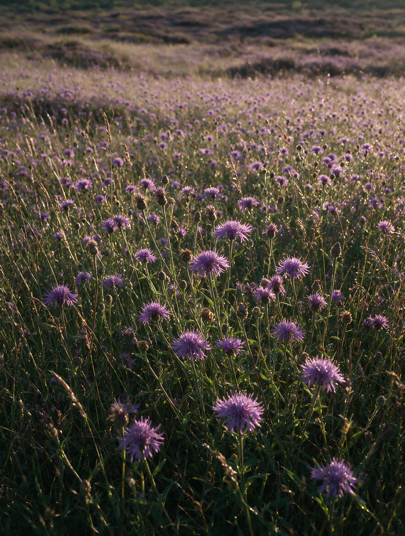 A dewy meadow stretches across the landscape, dotted with clusters of vibrant purple flowers. Morning light highlights the delicate droplets on leaves and petal
