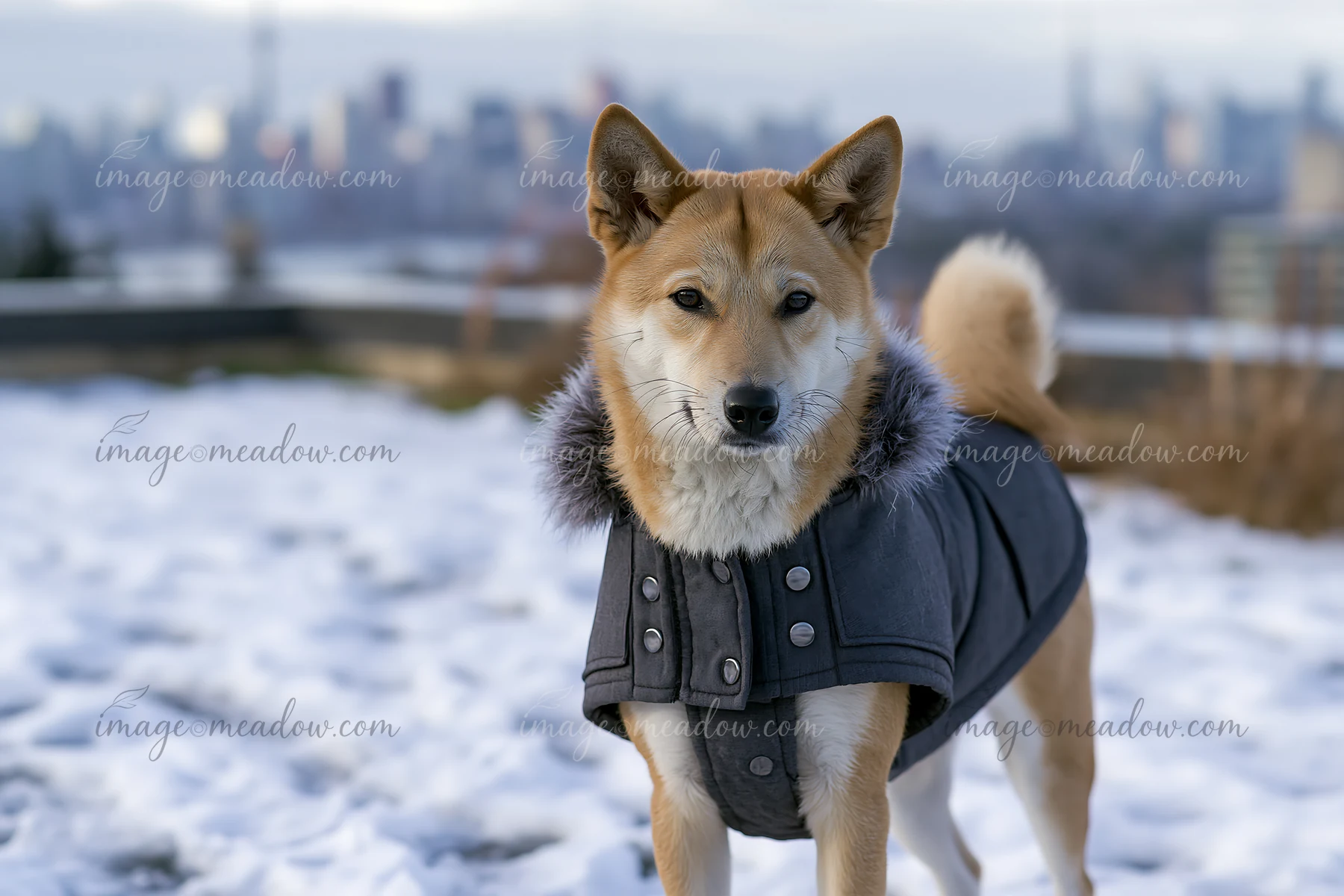 Dog in a dark winter coat stands in snow with a blurred urban skyline behind it.