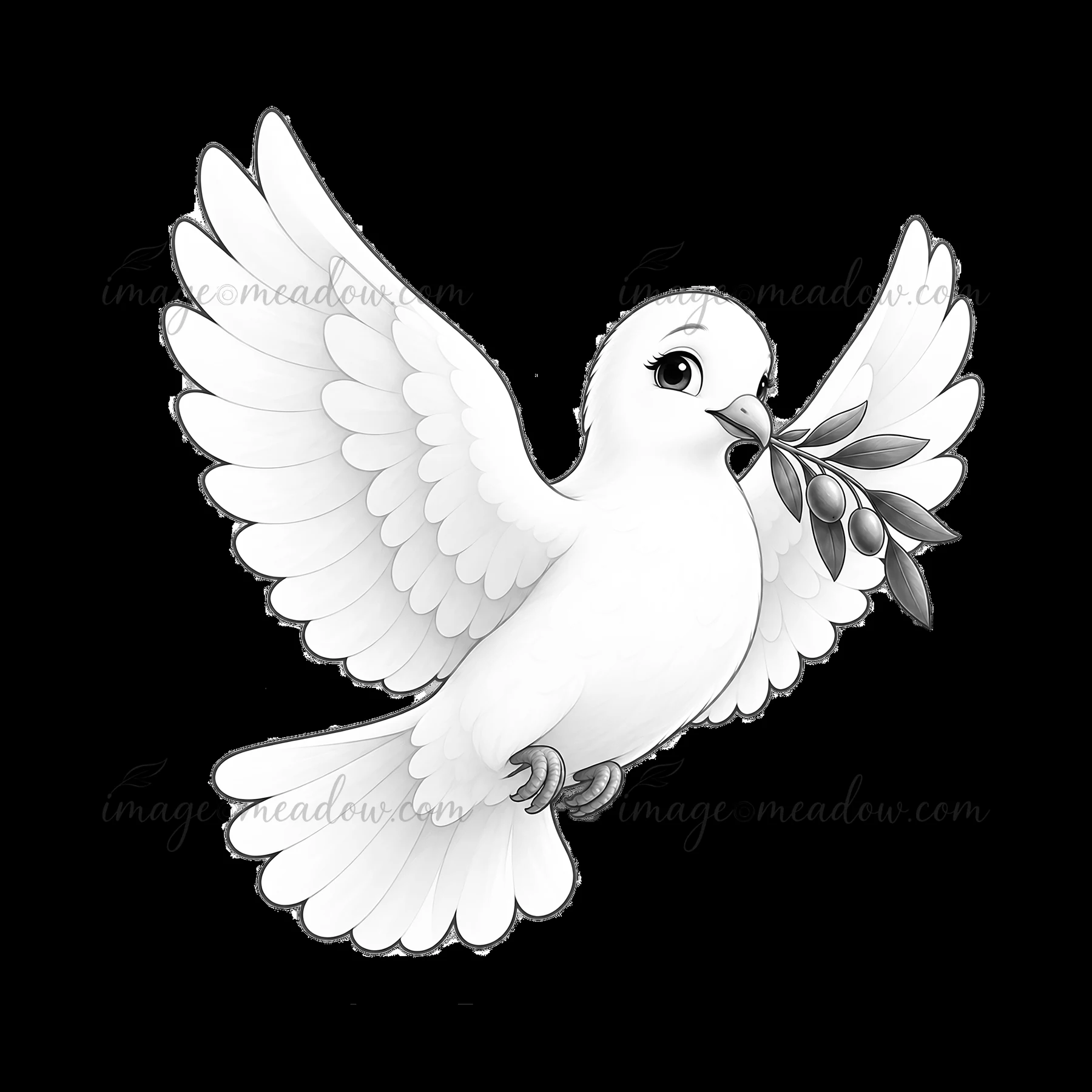 A dove is depicted with outstretched wings holding an olive branch in its beak. The image symbolizes peace and hope, with a monochrome illustration style that e