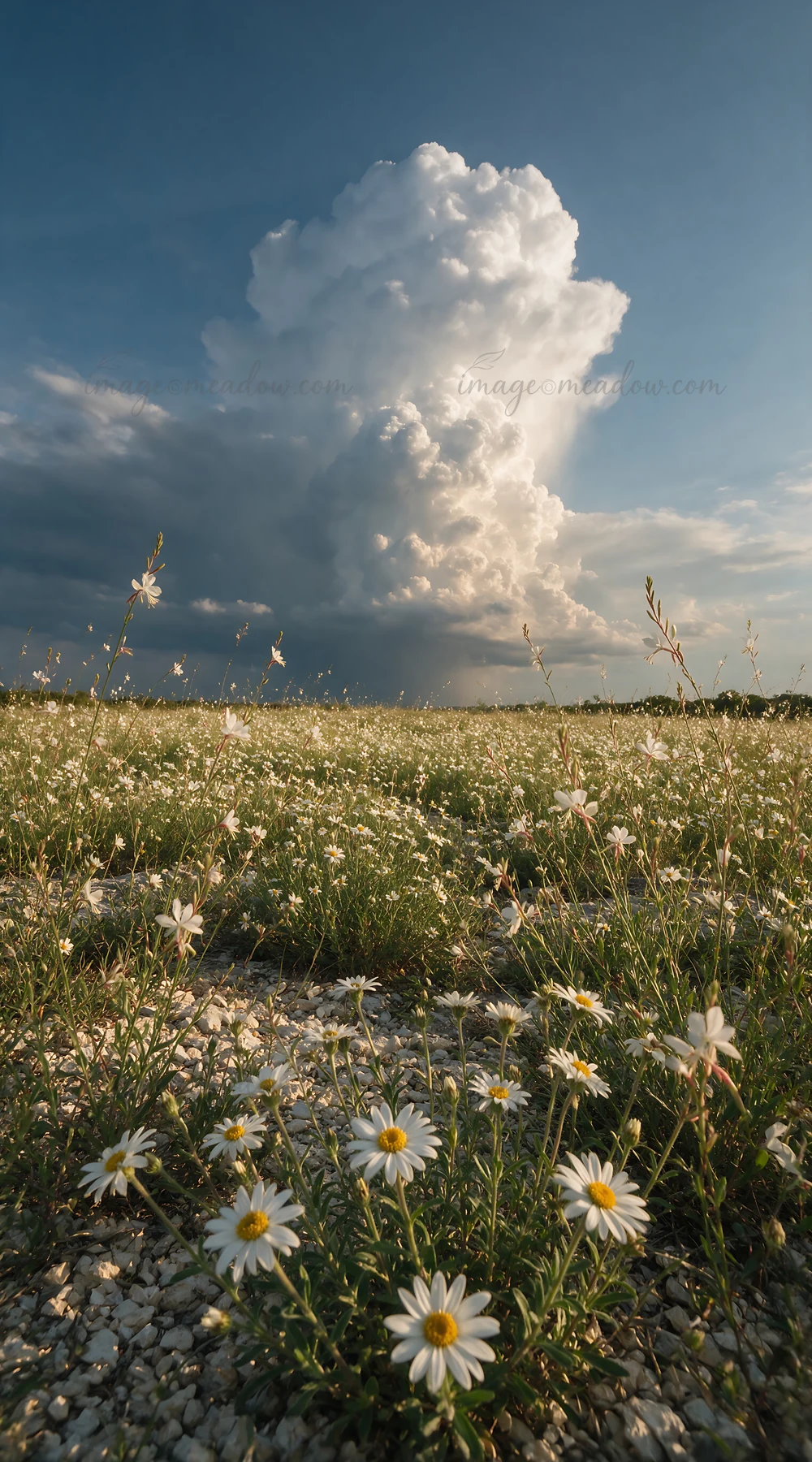 A field of white flowers fills the ground under a cloudy sky. The scene shows a variety of plants thriving in a dry environment, highlighting the beauty of drou