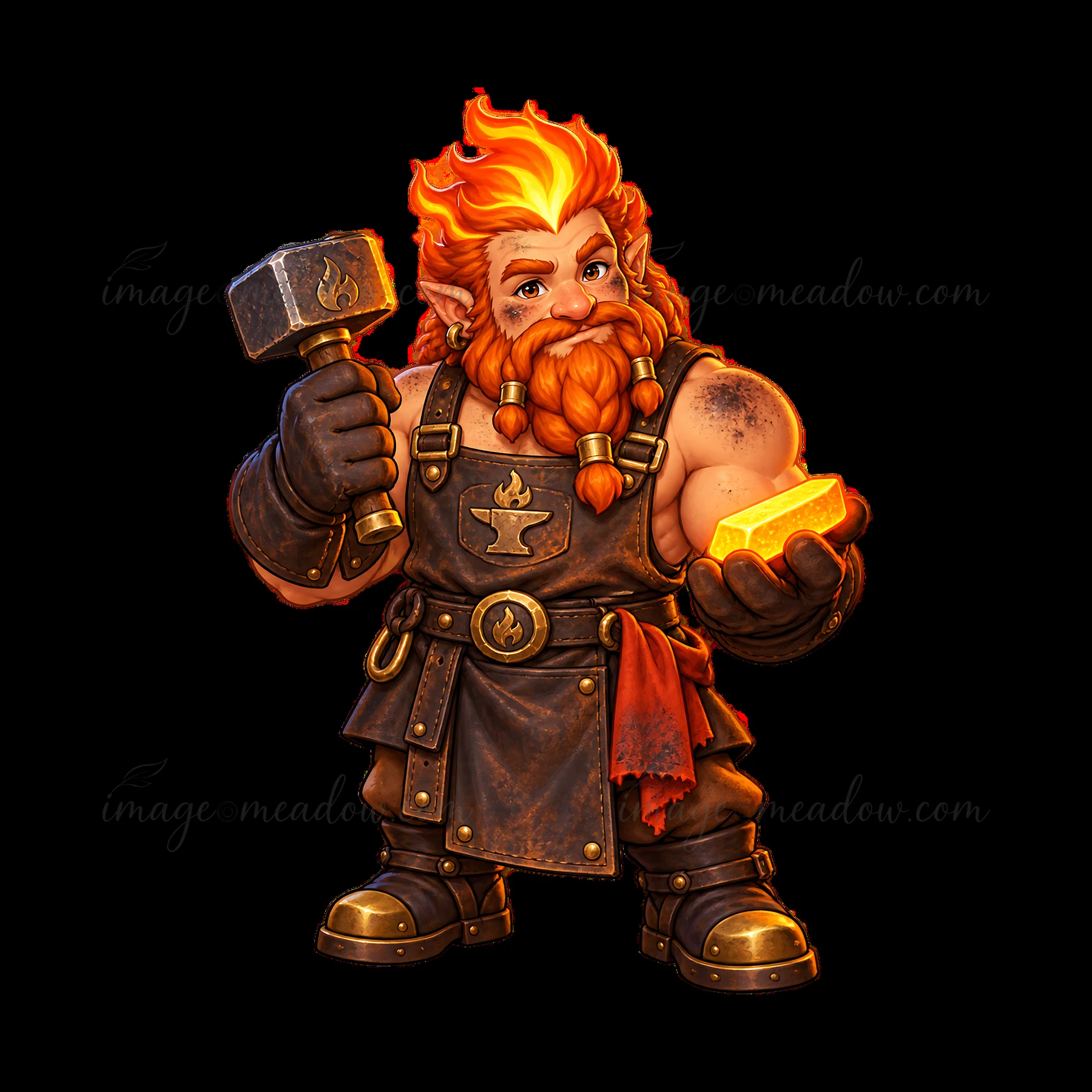 A dwarf with fiery orange hair and beard stands holding a hammer and a gold ingot. He wears a dark leather apron and poses confidently. His muscular build and e