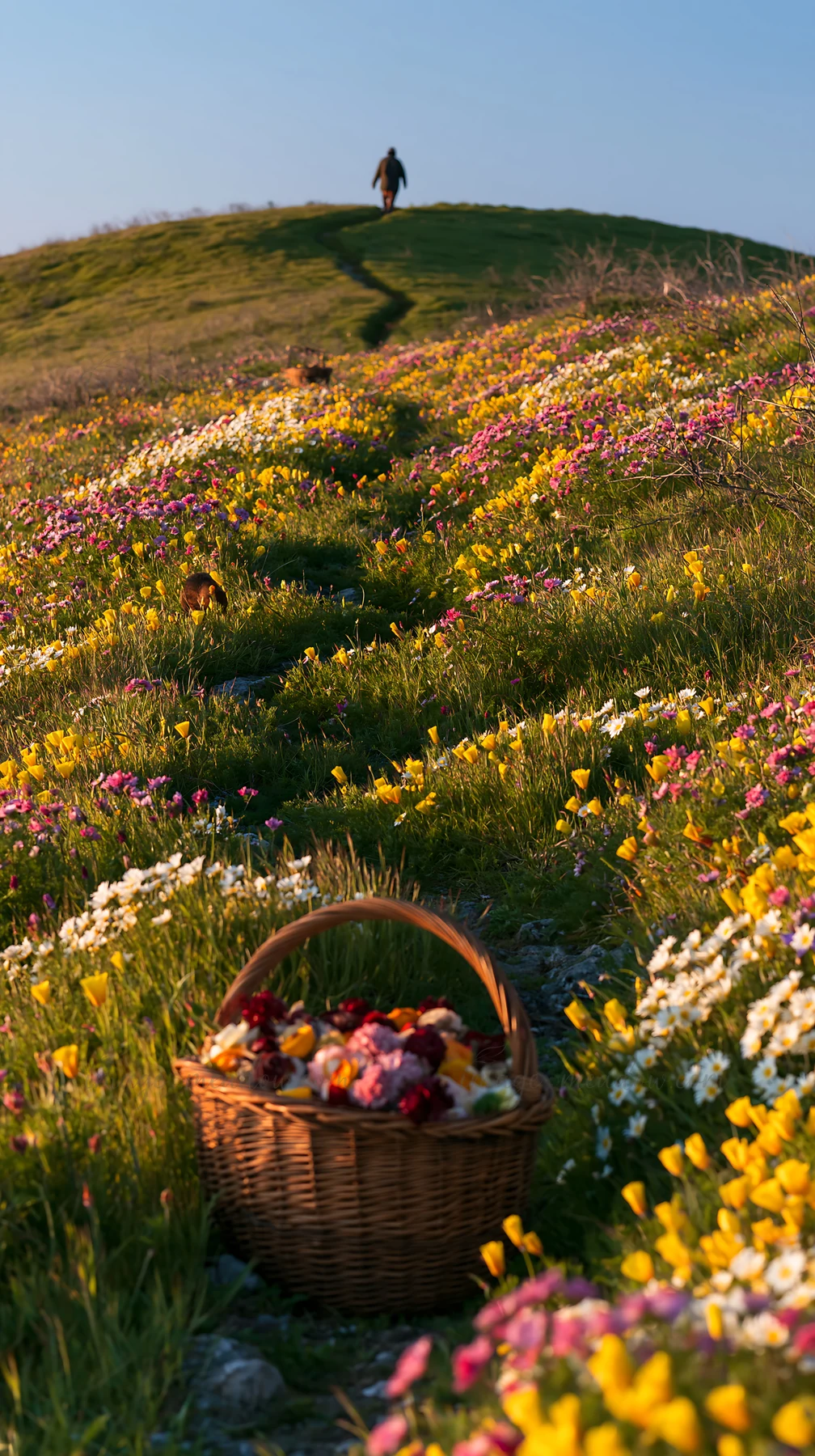 A basket filled with flowers sits on a path in a flowering meadow. Bright colors cover the landscape as a person walks on a trail in the background. The scene c