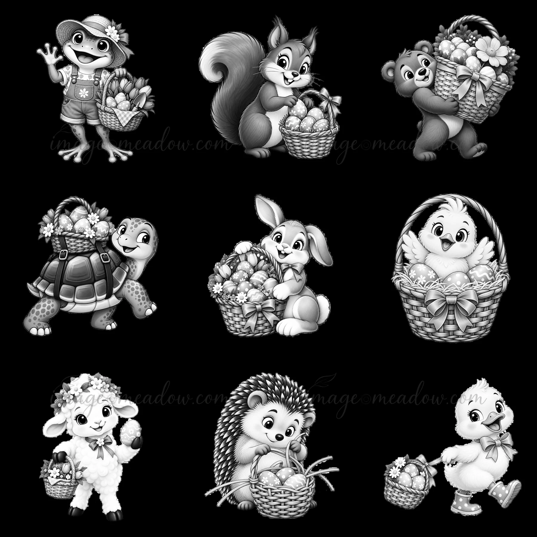 A collection of nine cartoon stickers shows different animal characters carrying baskets filled with Easter eggs and flowers. Each character has a unique pose a