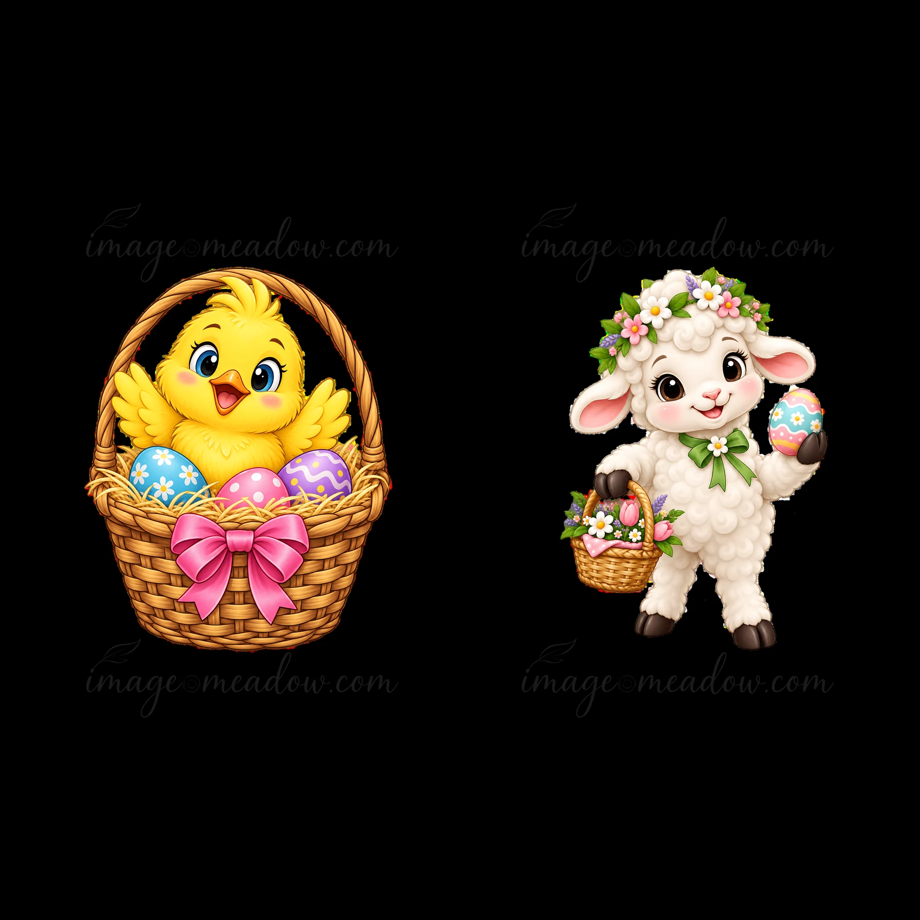 A cheerful chick sits in a woven basket filled with colorful eggs. Next to it, a cute lamb carries a small basket with a decorated egg. Both characters are read
