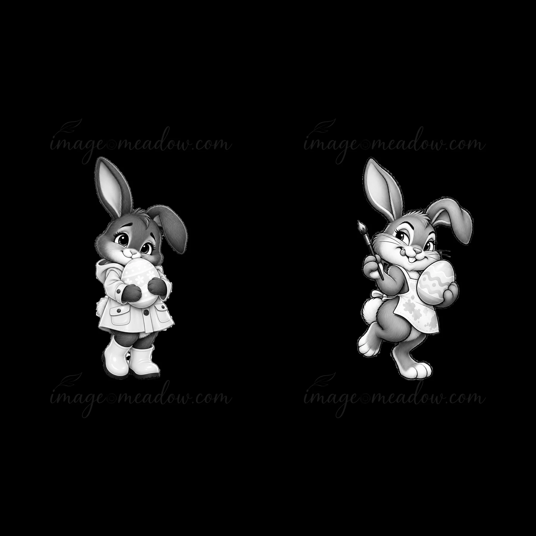 Two cartoon bunnies are in a cheerful pose. One bunny holds a painted egg, while the other holds a paintbrush and an egg. They are ready for Easter celebrations