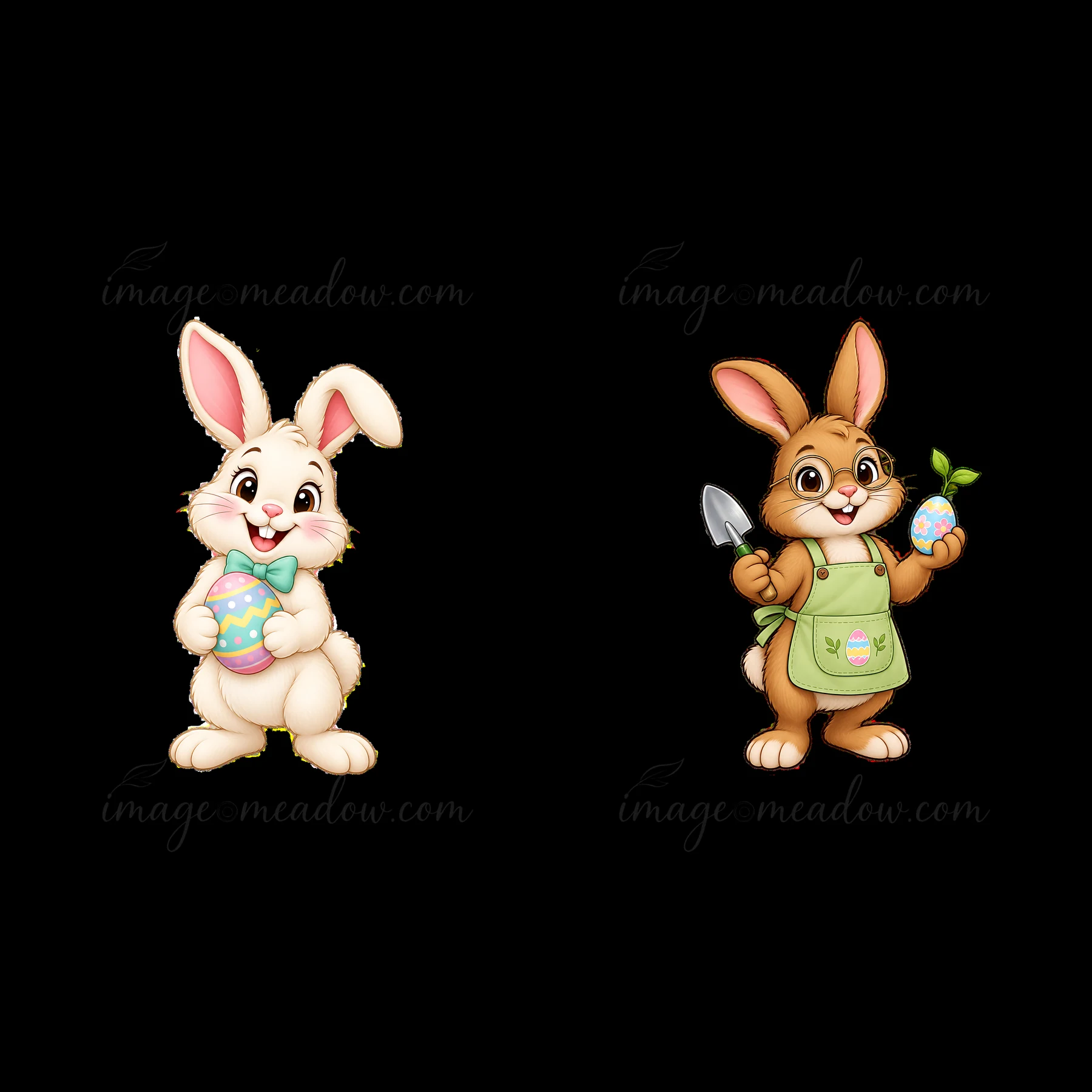Two cartoon bunnies celebrate Easter. One bunny holds a colorful egg and smiles. The other wears an apron, holding a small plant and a painted egg. Both bunnies