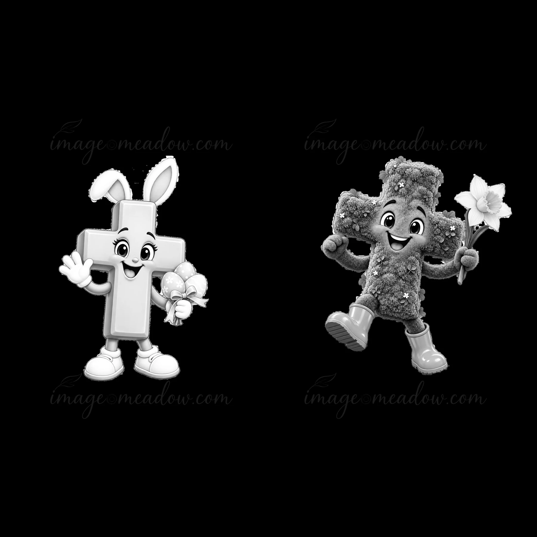 A cross character stands beside a bunny holding flowers for Easter. Both figures are cheerful and display festive expressions. The scene shows their joy in the