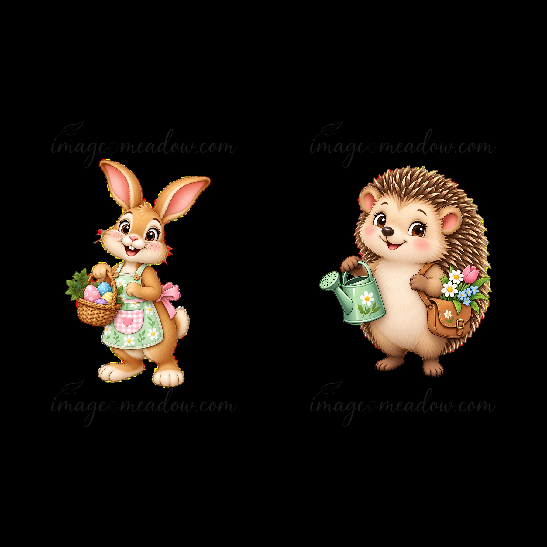 A bunny with a basket of flowers stands beside a hedgehog holding a watering can. They are set in an Easter meadow theme, perfect for spring celebrations and ga