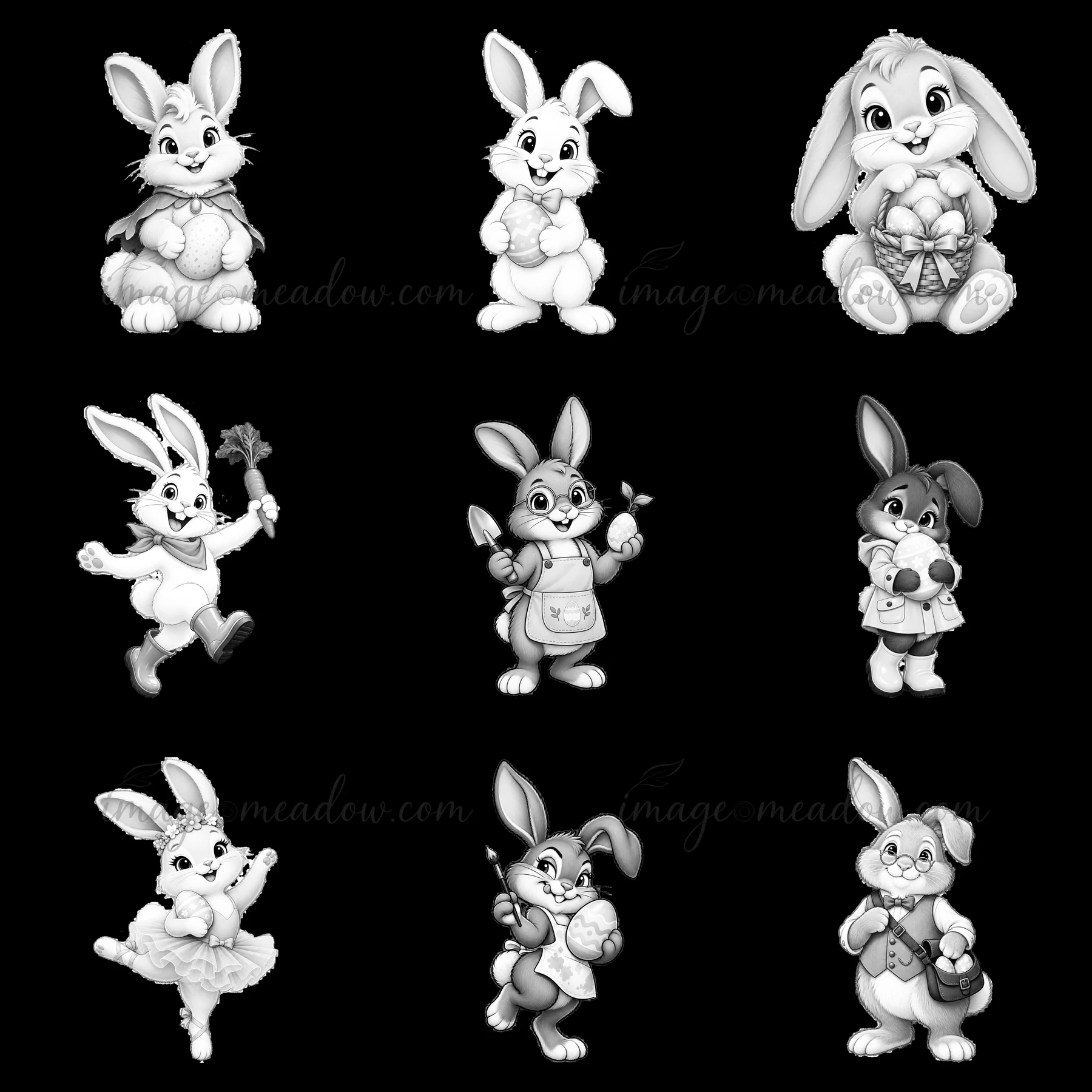 Nine cartoon bunnies are arranged in a 3x3 grid. Each bunny is doing different activities, like holding eggs, carrots, and baskets. The design is in black and w