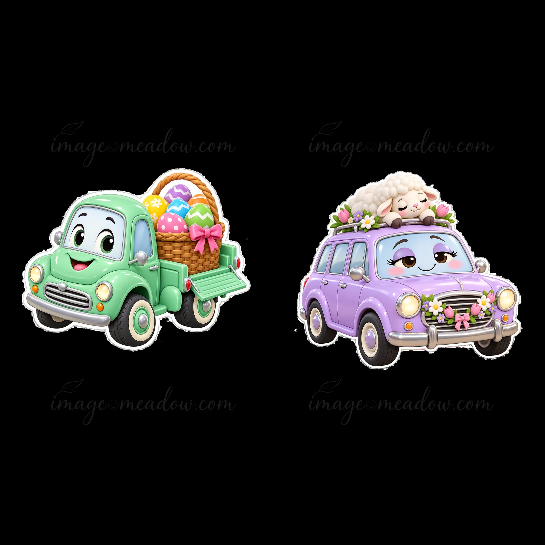 Two cartoon cars are ready for Easter. The green car has a basket filled with colorful eggs, while the purple car features a smiling sheep on top and flowers on