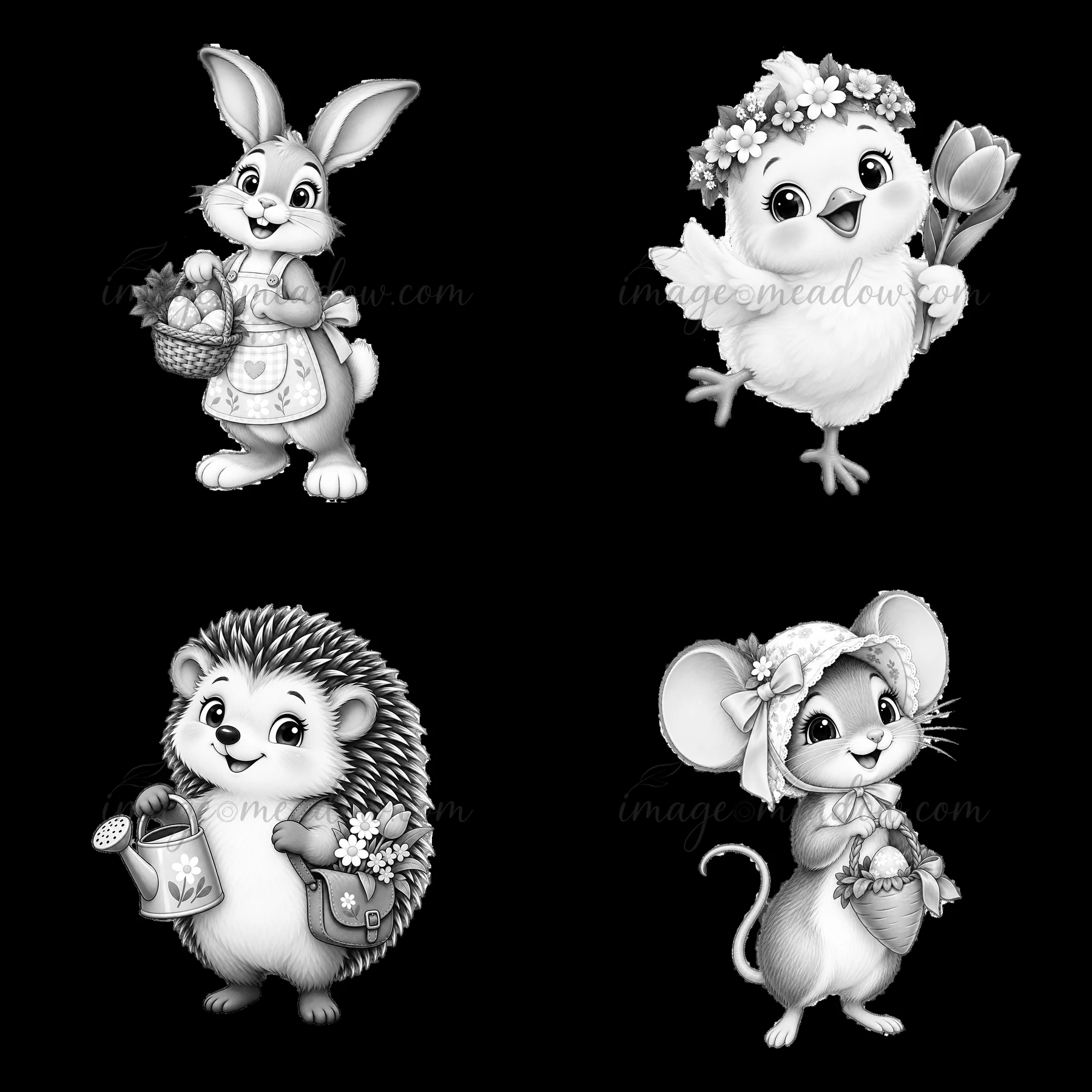A rabbit holds an Easter basket filled with eggs while a chick carries a flower. A hedgehog waters a plant, and a mouse gathers flowers. All characters are in a