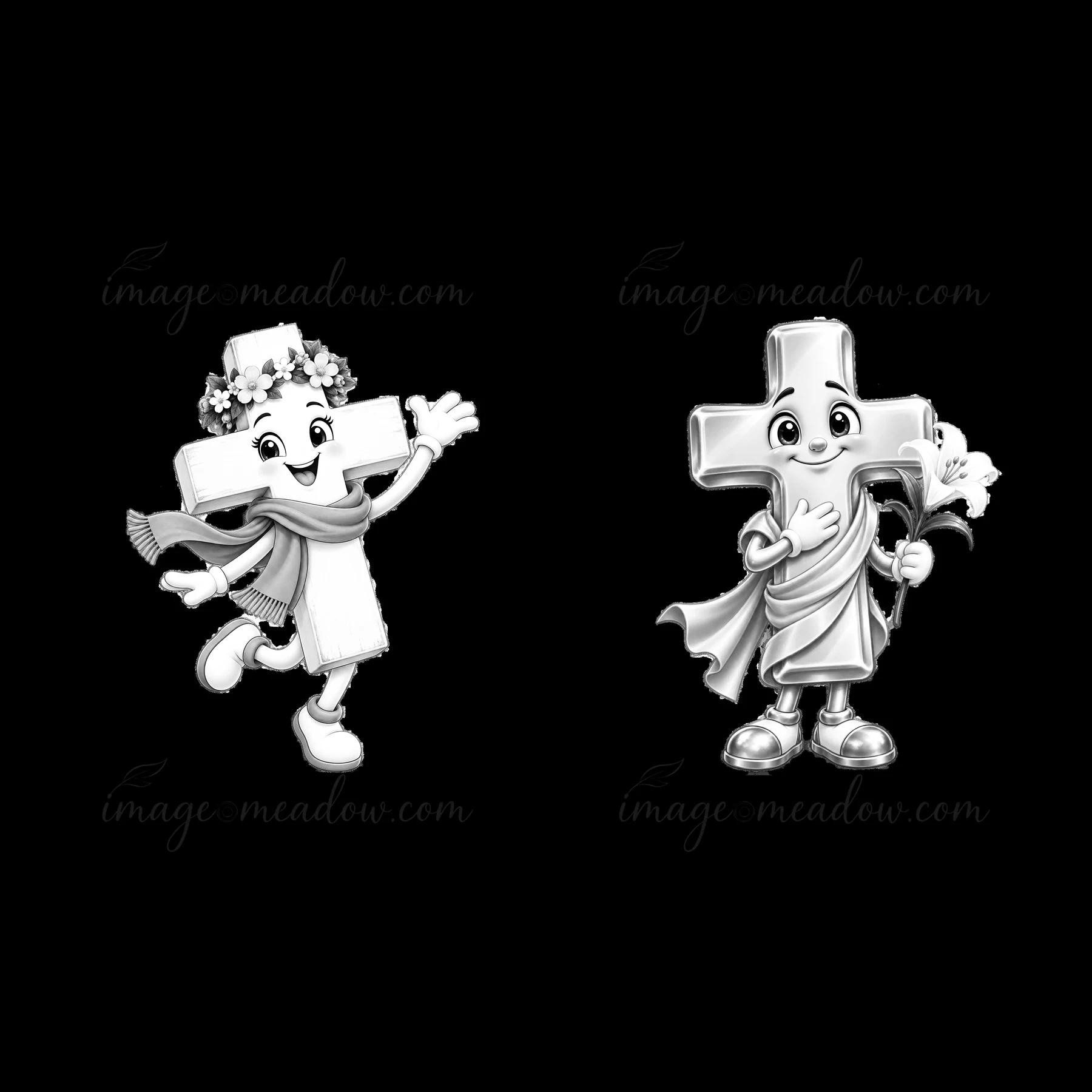 Two cartoon cross characters celebrate Easter. One wears a scarf and flowers, the other holds a light. Both are smiling in a friendly manner. They convey a fest
