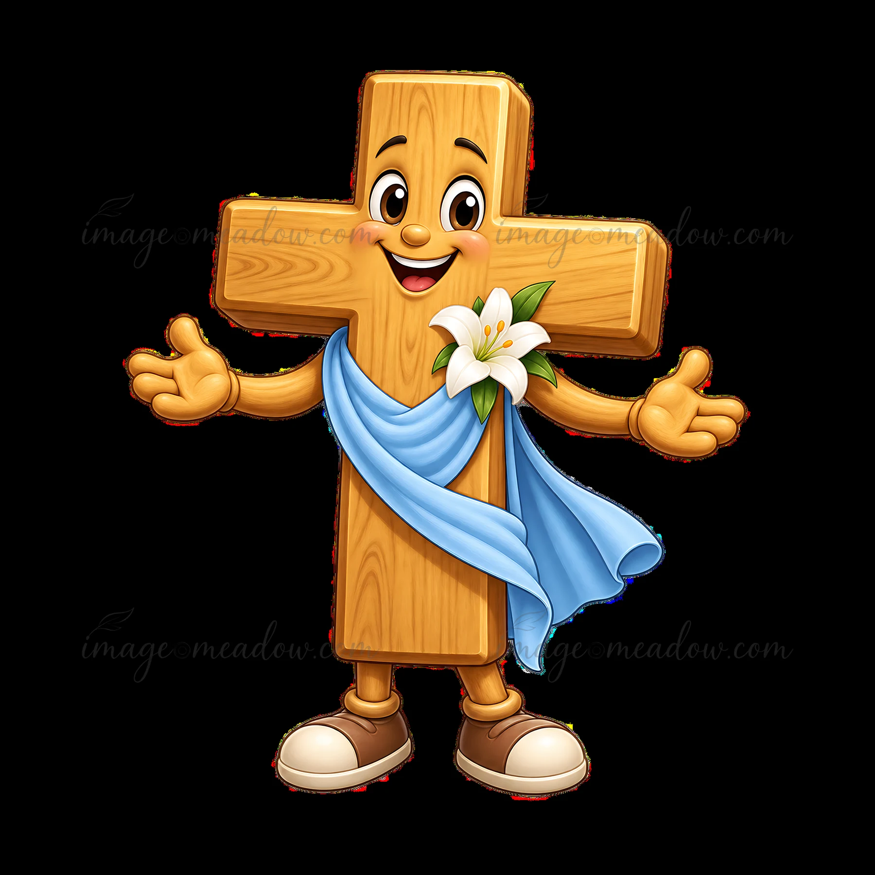 A cheerful cartoon character in the shape of a wooden cross is smiling. It wears a blue drape and holds a white lily. The setting is festive, suitable for Easte