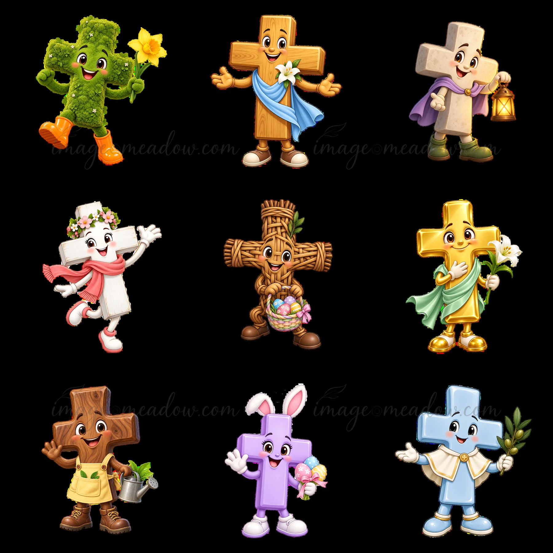 Nine cartoon figures depict Easter-themed crosses. Each character has unique expressions and accessories, such as flowers, a basket, and bells. The colors inclu