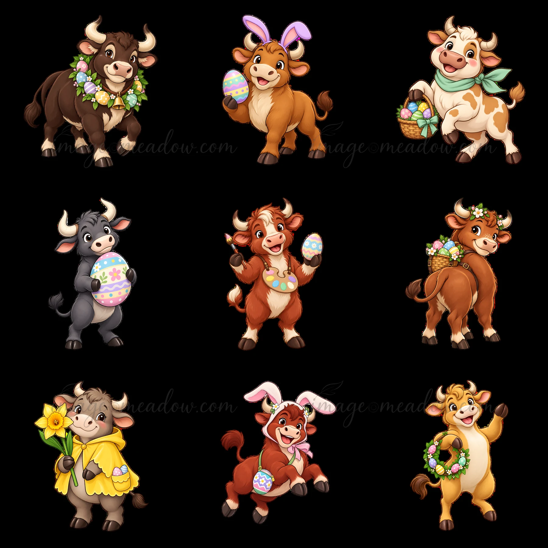 Various cartoon cows celebrate Easter with colorful eggs and baskets. Each cow displays unique accessories like flowers and bunny ears, perfect for festive desi