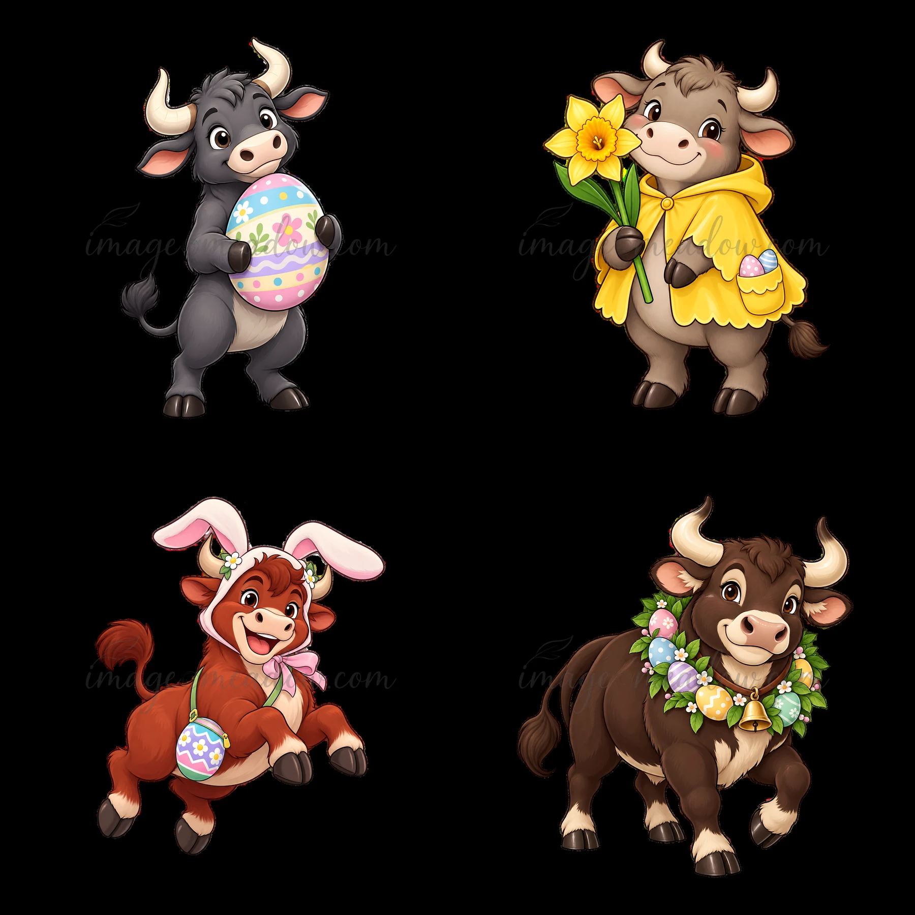 Four cartoon ox illustrations show different characters celebrating Easter. One holds an egg, another carries flowers, and there are two wearing festive accesso