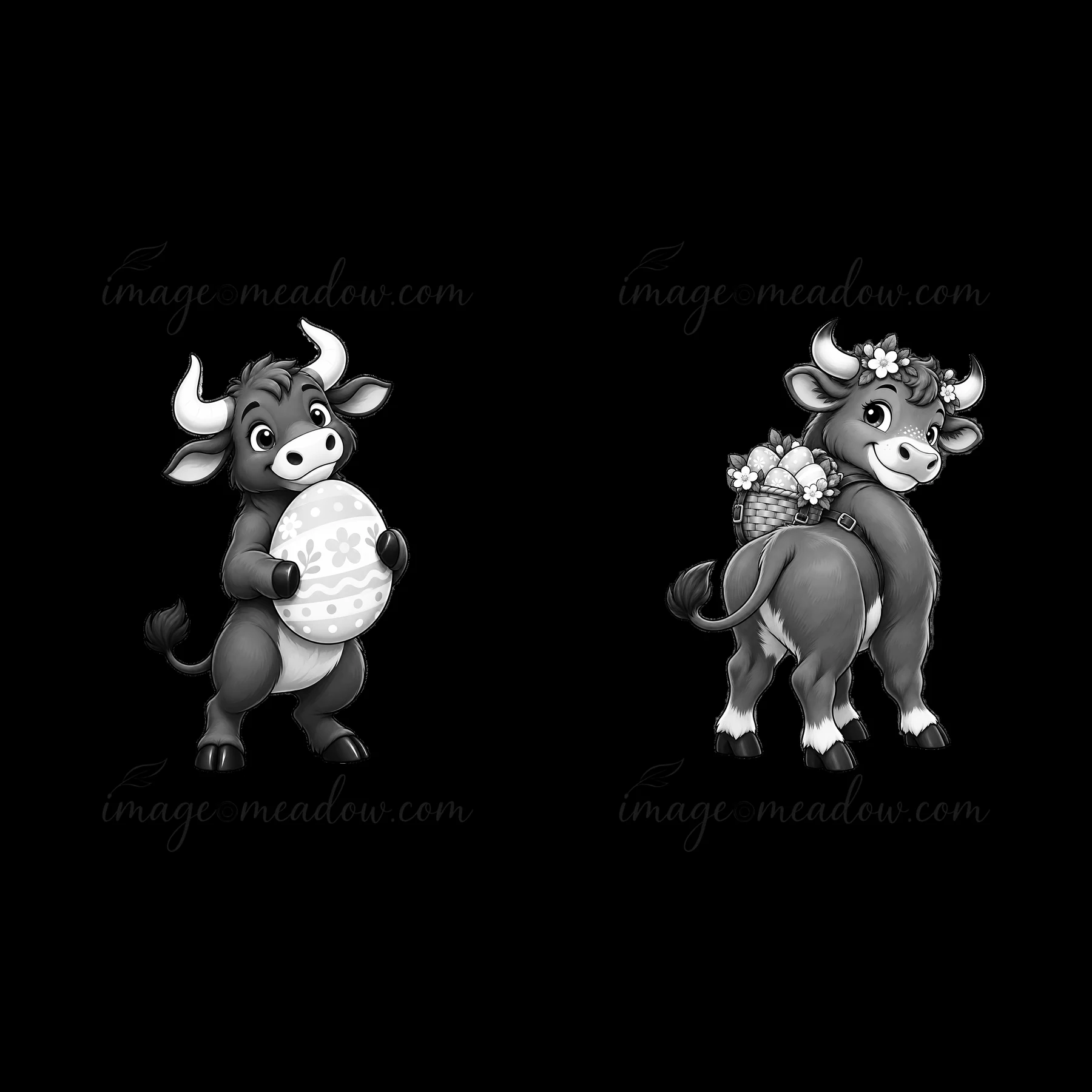 A cartoon illustration shows one ox holding a decorated egg, while another ox carries a basket filled with flowers and eggs. Both characters are monochrome and