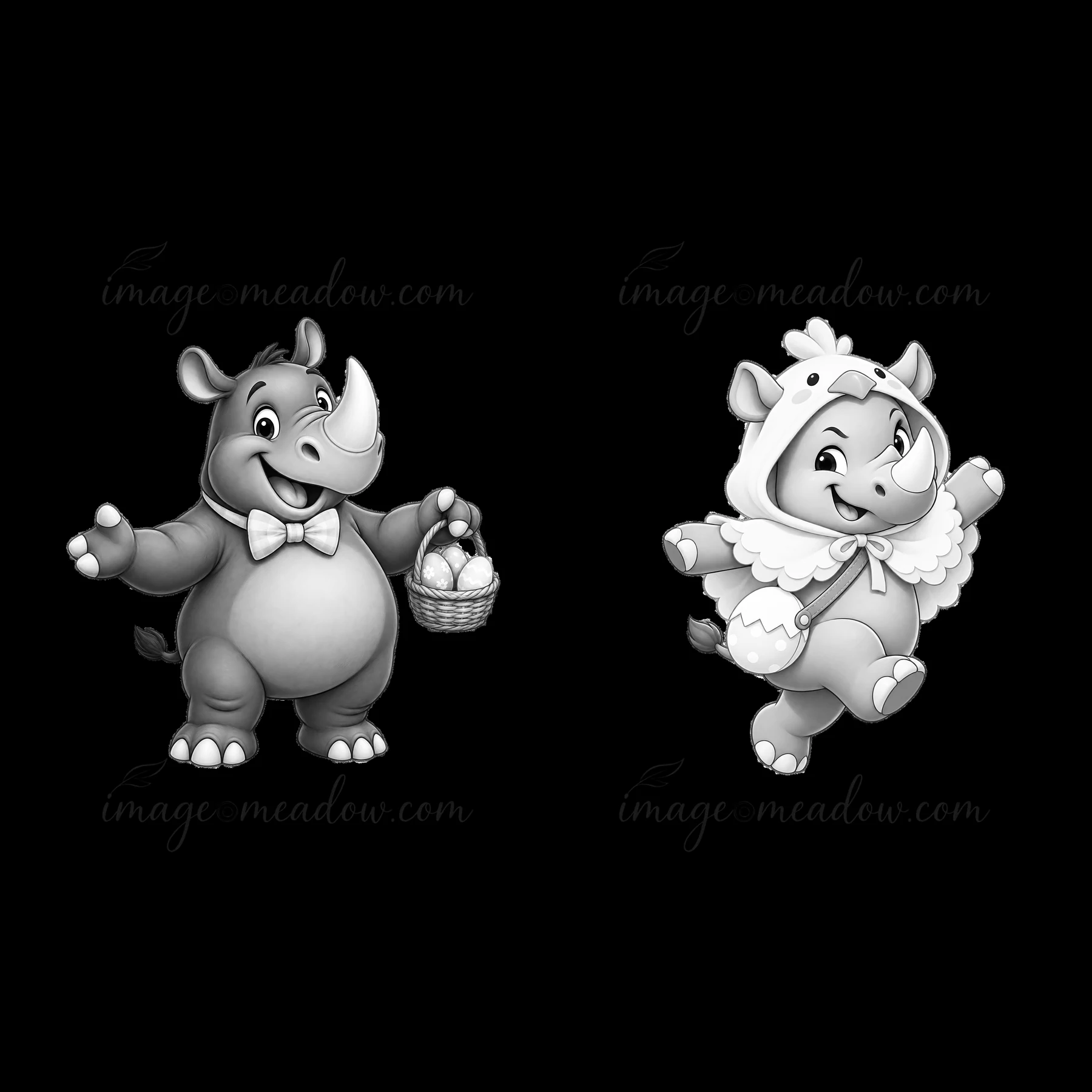 A rhinoceros character holds a basket of eggs while another wears a sheep costume. Both figures share a playful energy, celebrating Easter. Scene captures a fun