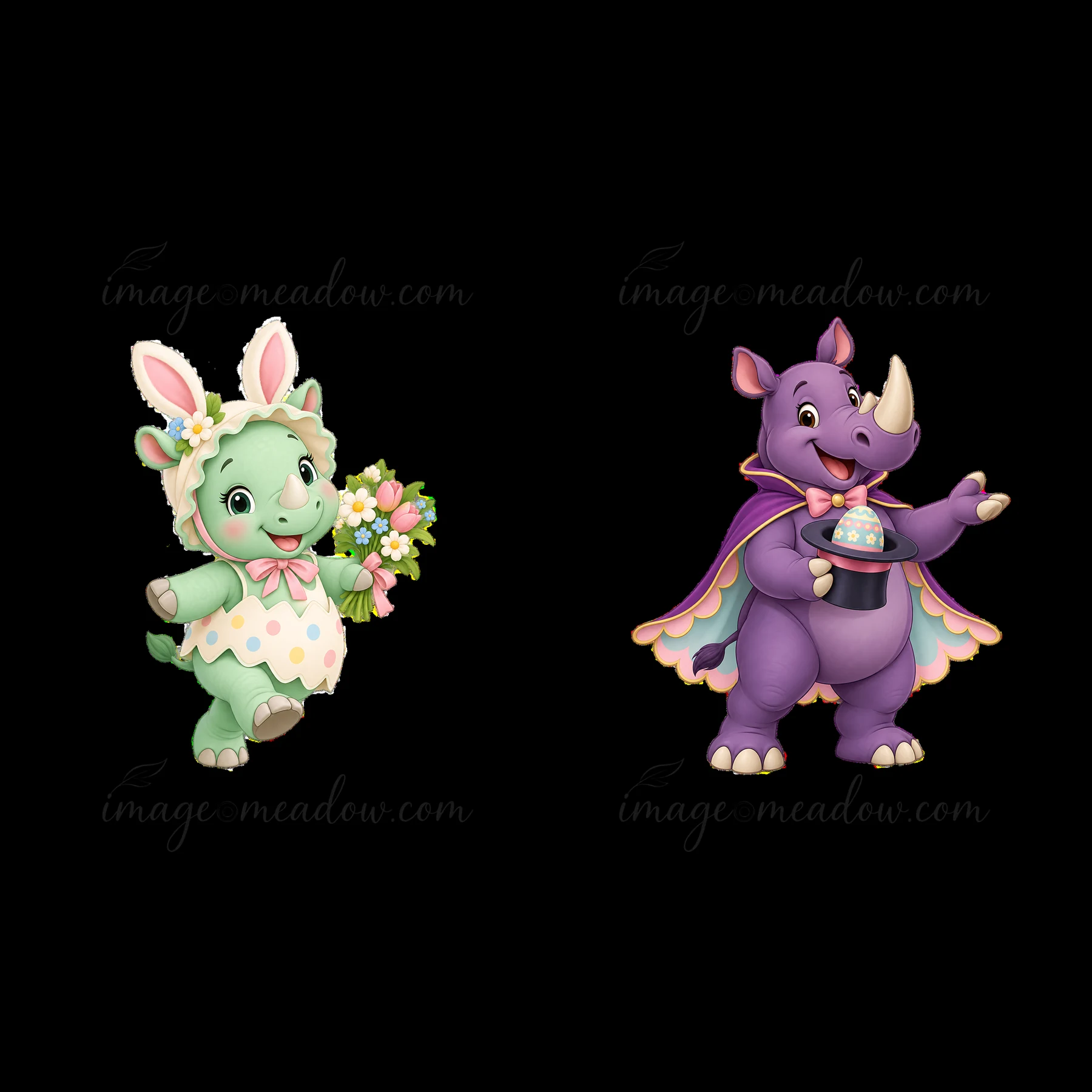Two cartoon rhinoceros characters celebrate Easter. One holds a bouquet of flowers, while the other presents a cake. They are decorated in vibrant colors with f