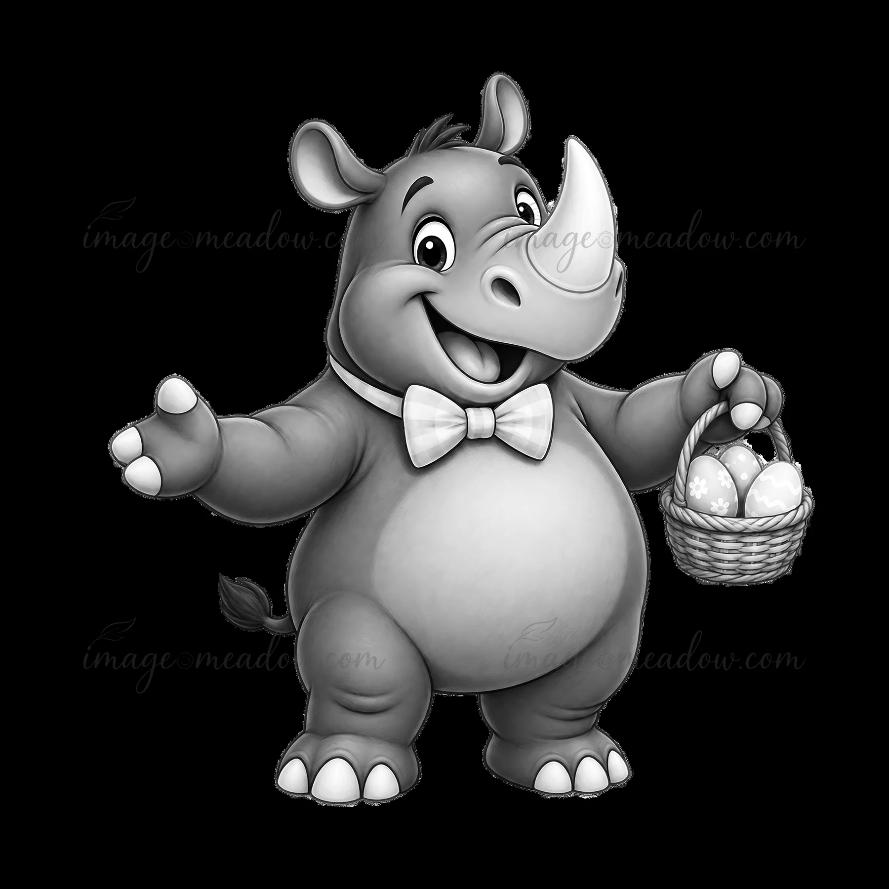 A rhinoceros stands smiling while holding a small basket filled with eggs. It wears a bow tie and has its arms open as if inviting others to join the celebratio