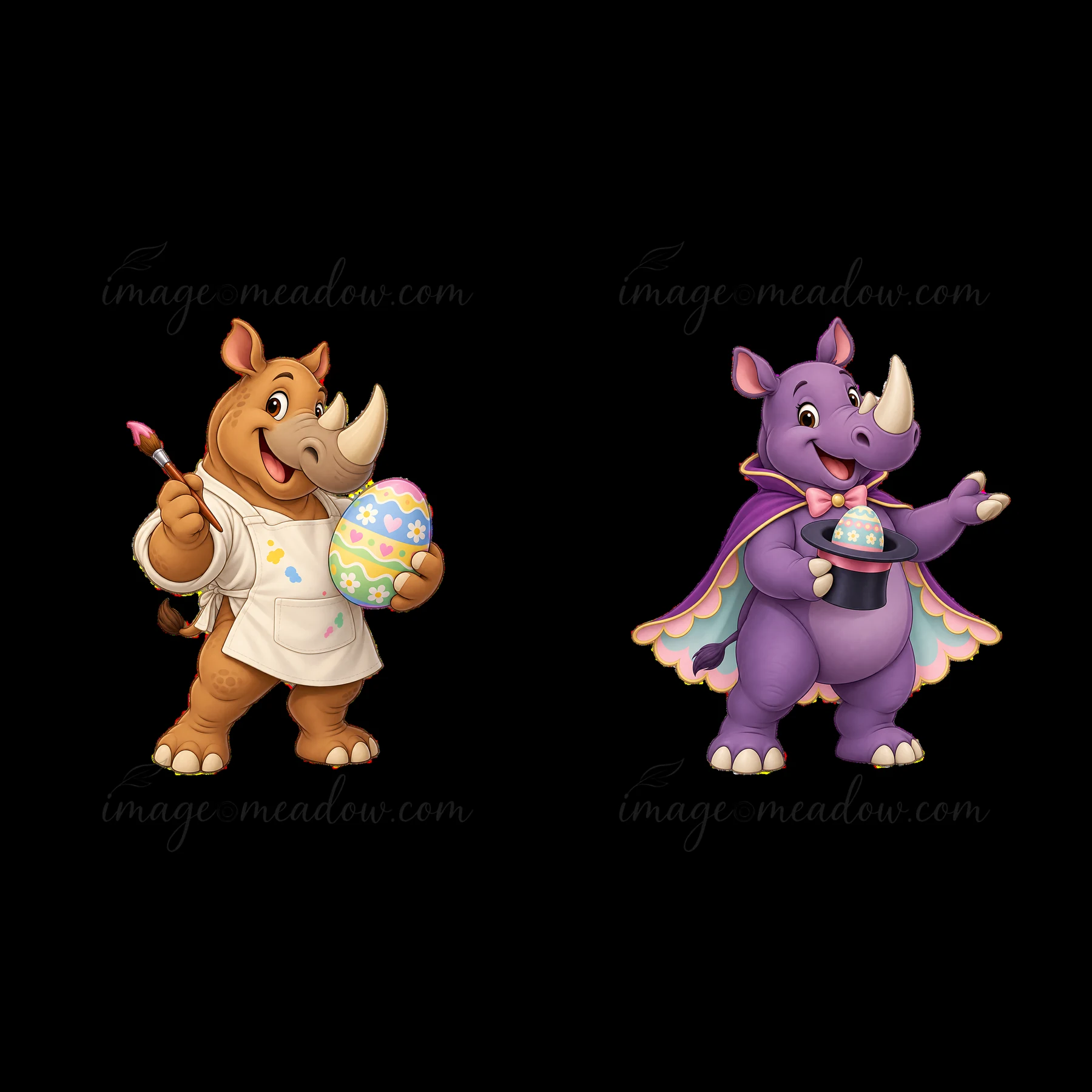 Two playful rhinoceroses celebrate Easter. One rhino holds a paintbrush and a decorated egg. The other rhino presents a cupcake with frosting. Both characters a