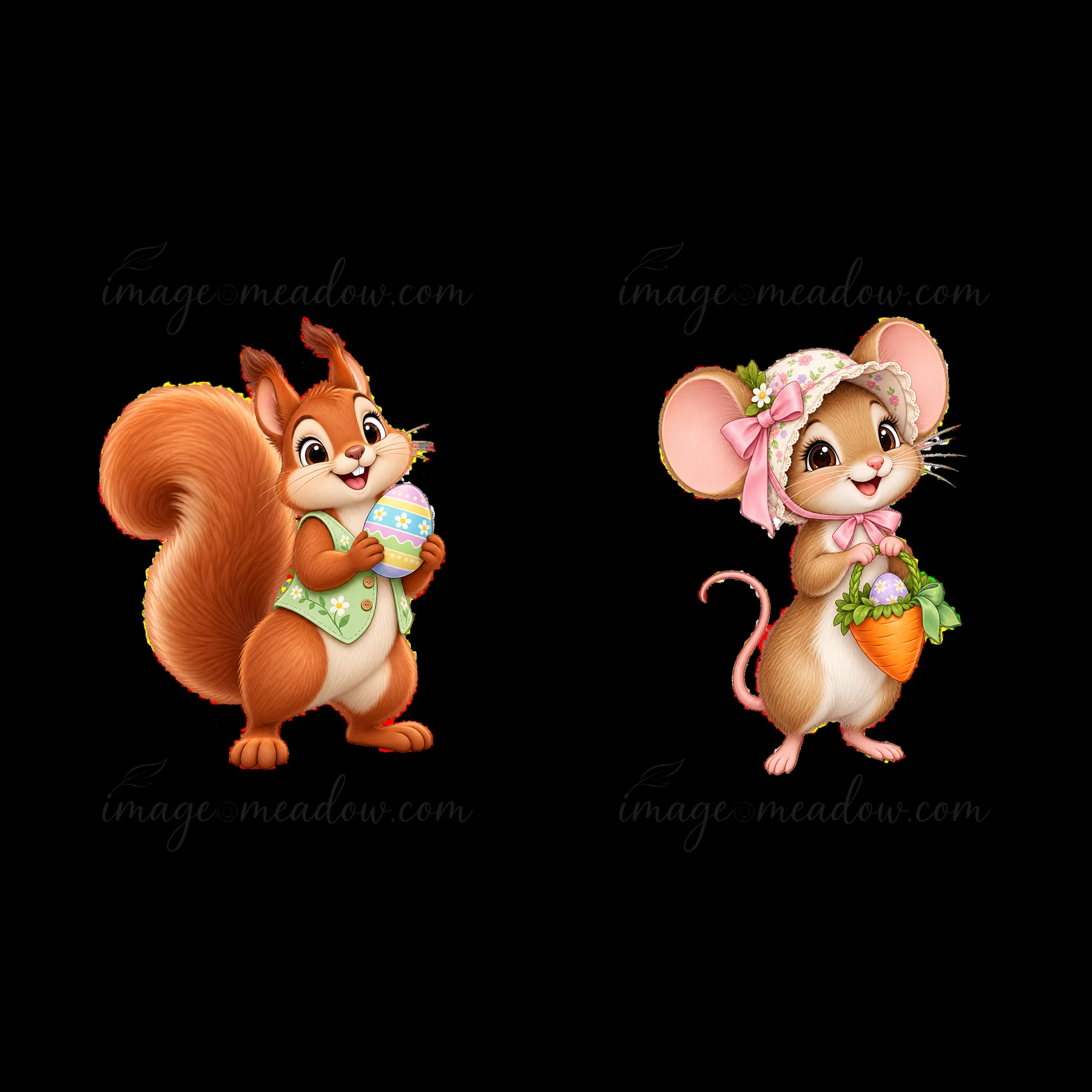 A squirrel stands on the left holding a decorated Easter egg, while a mouse on the right smiles holding a carrot. Both characters wear festive clothing, perfect