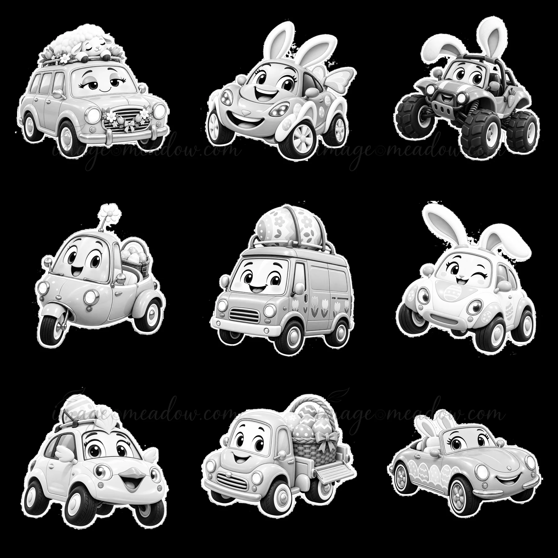A grid of nine cartoon cars with Easter themes. Cars feature bunny ears, eggs, and festive decorations. The setting suggests a playful atmosphere celebrating Ea