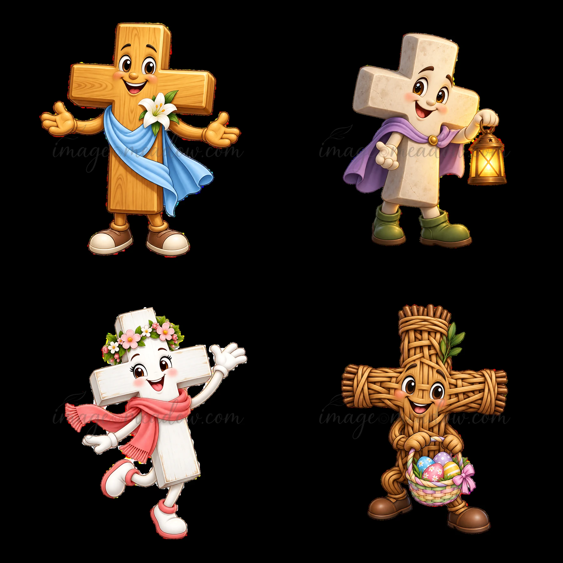 Four cartoon crosses with cheerful expressions are arranged in a 2x2 layout. Each cross holds a different prop, showcasing the Easter theme with flowers, a lant