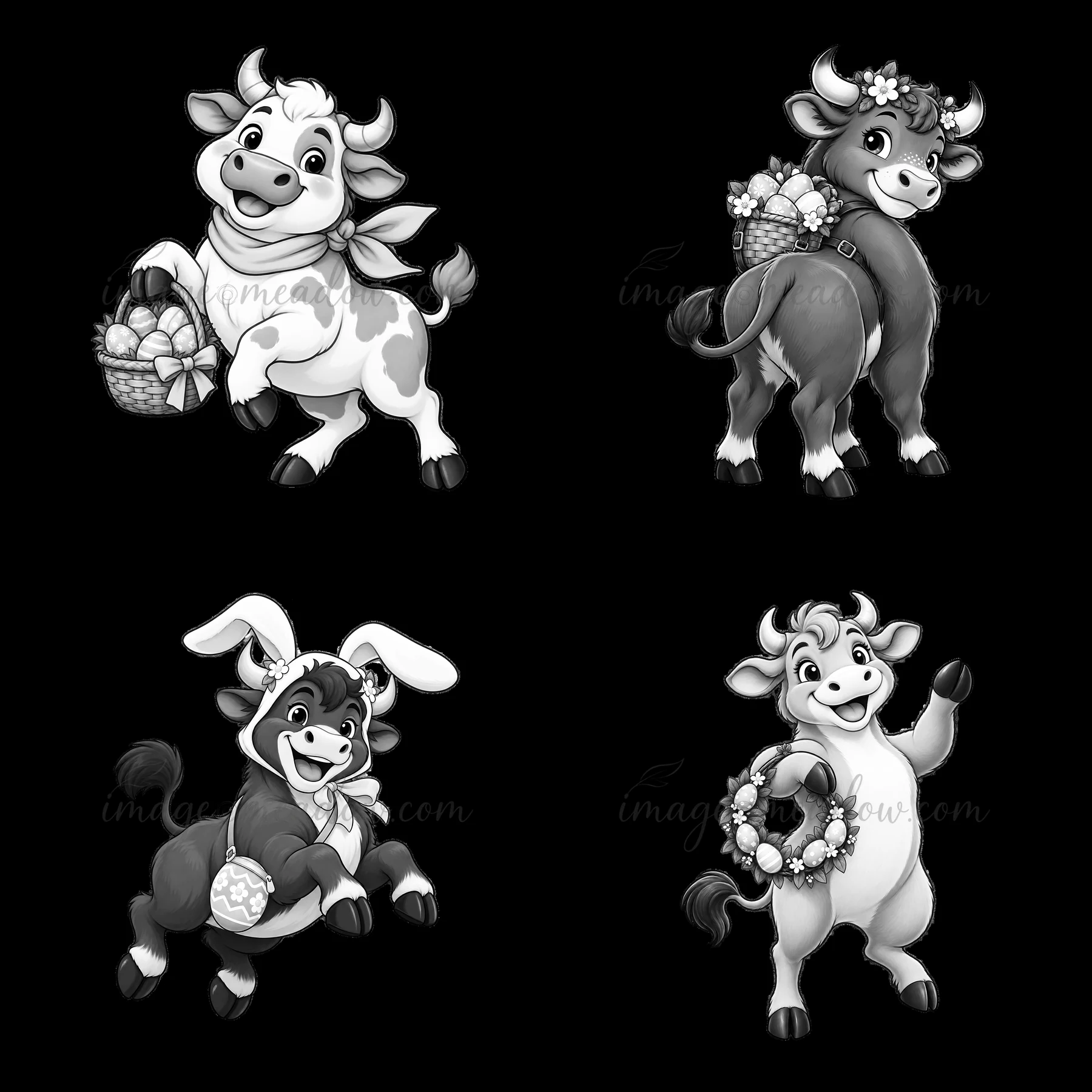 Four cartoon ox characters celebrate Easter. They hold baskets filled with colorful eggs and wear floral decorations. The black-and-white design adds charm to t