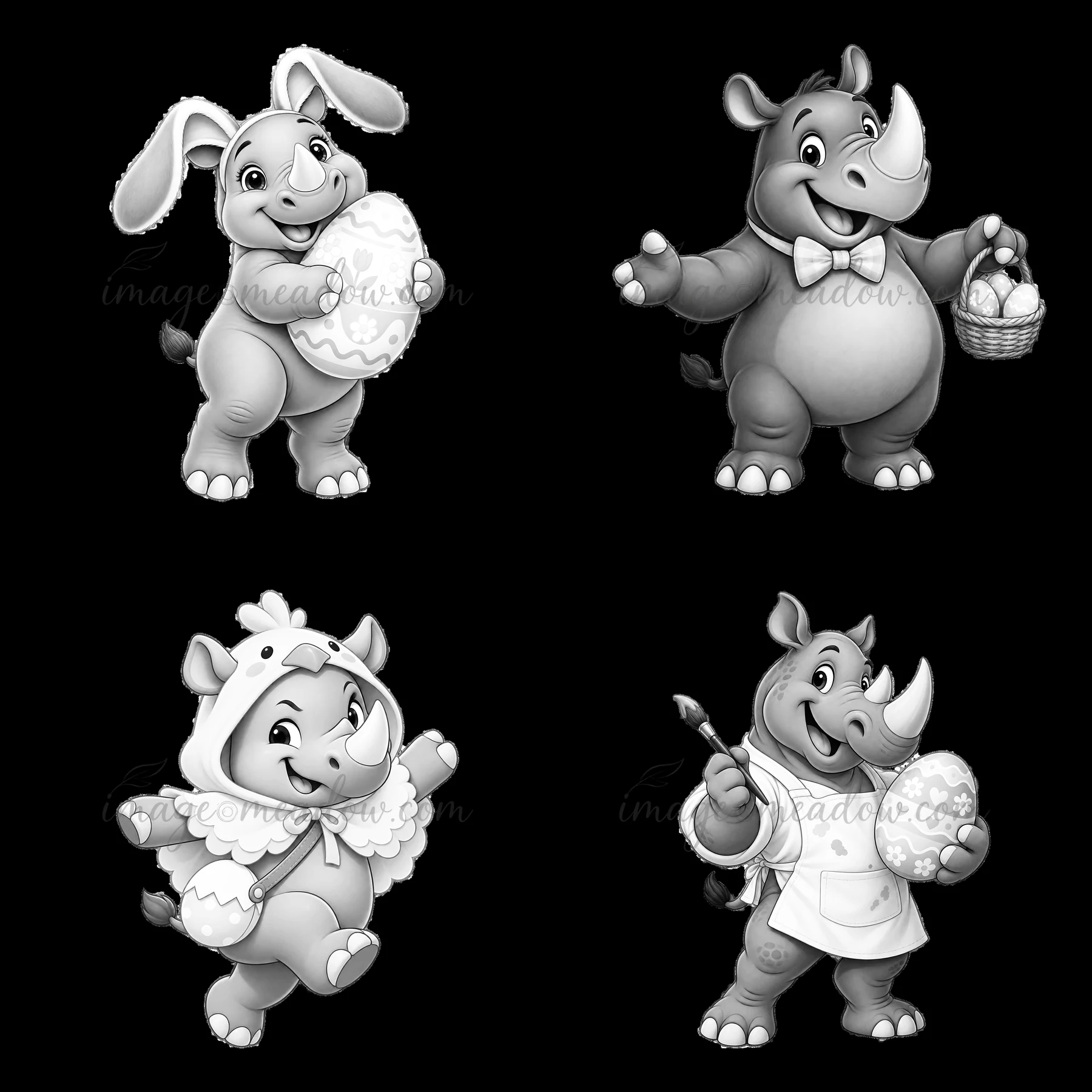 Four cartoon characters celebrate Easter. A cheerful rhinoceros holds an egg, another with a basket, and two playful animals in costumes join in the festive act