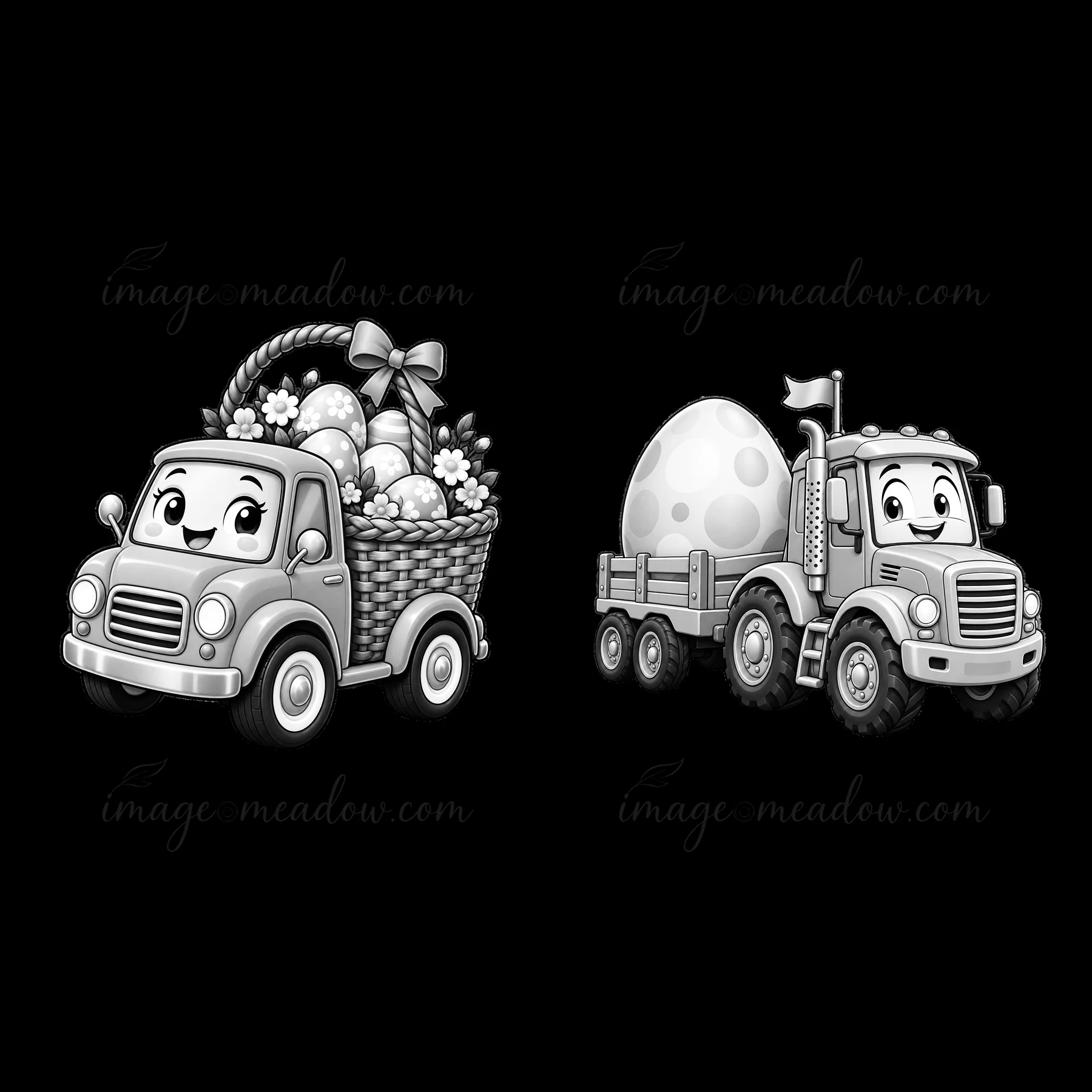 Two cartoon trucks are featured, one with a basket full of eggs and flowers, the other with a large decorated egg in a trailer. Both trucks have friendly faces,