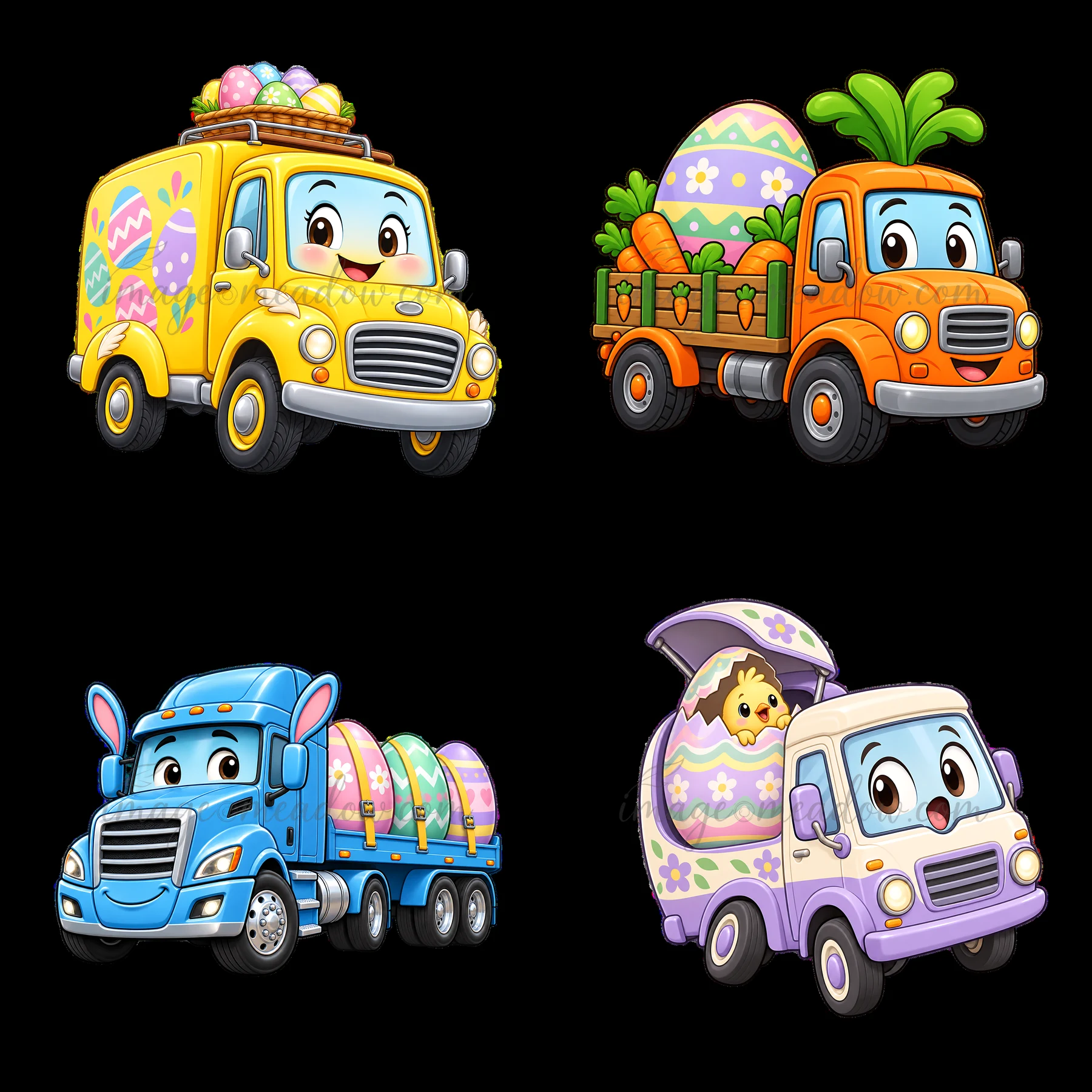 Four cartoon trucks are shown in a grid arrangement. Each truck carries festive items for Easter.