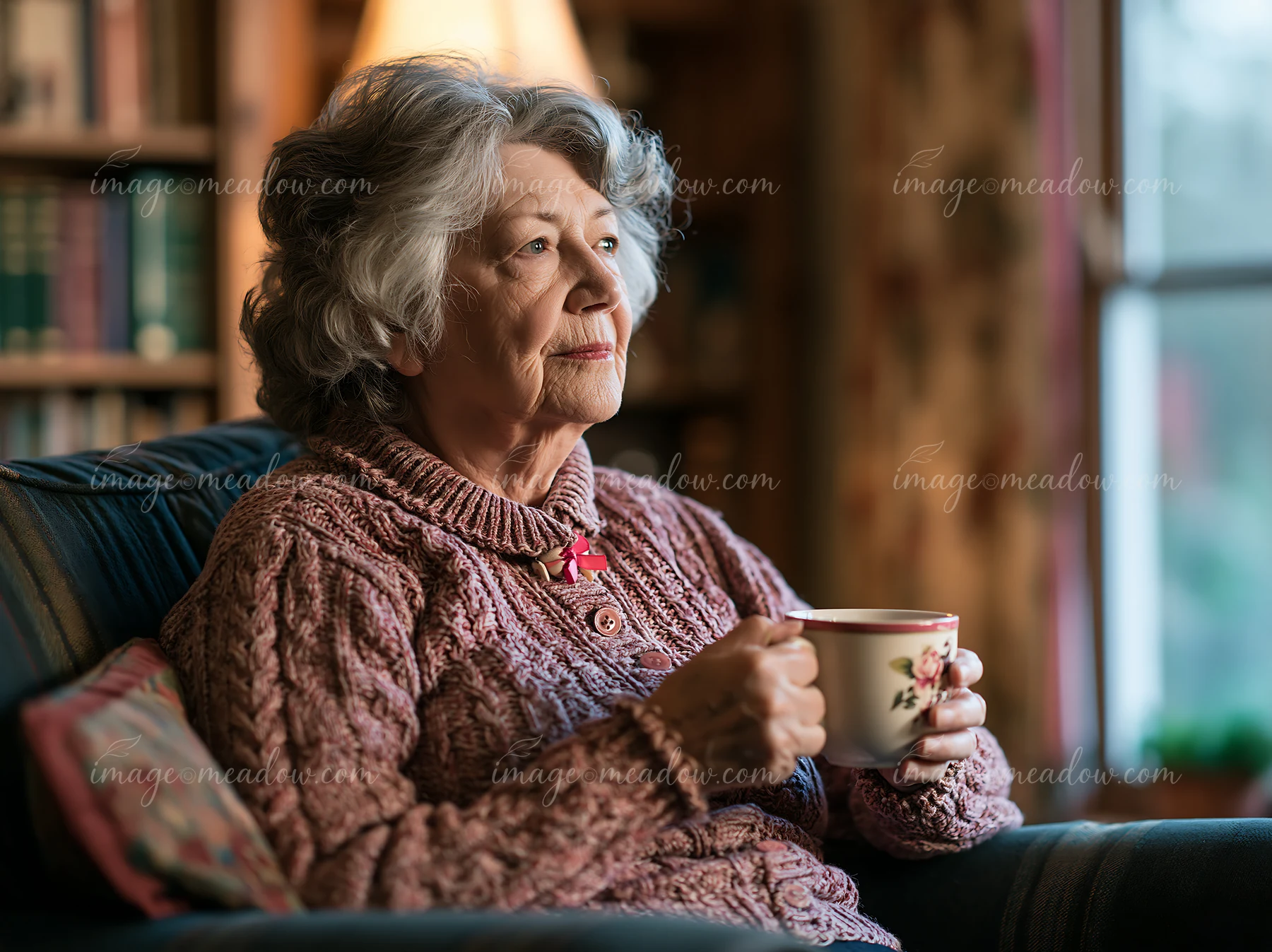 Elderly woman with Alzheimer's holding a cup of coffee sits in a cozy chair by a window.