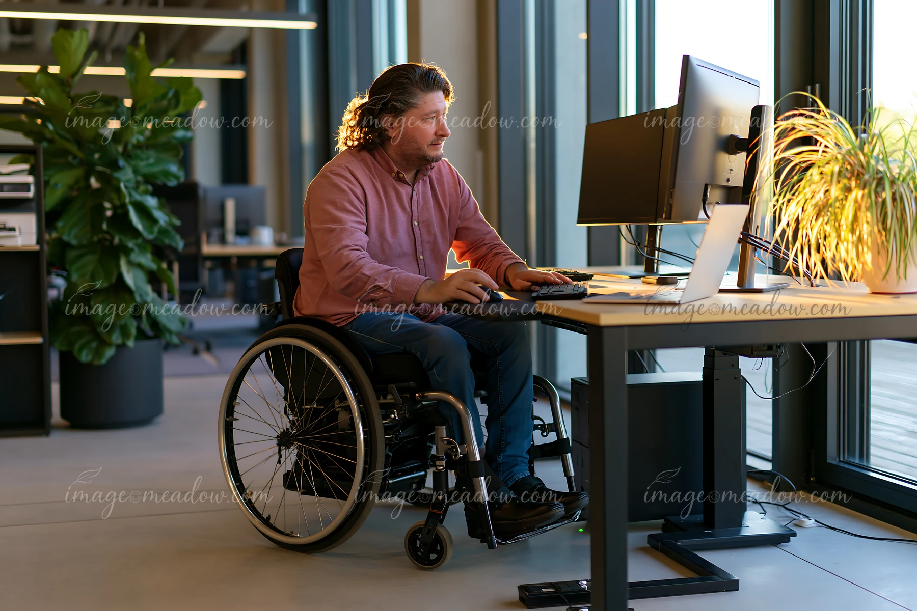 Employee using a wheelchair works at a computer workstation in a bright, plant-filled modern office.