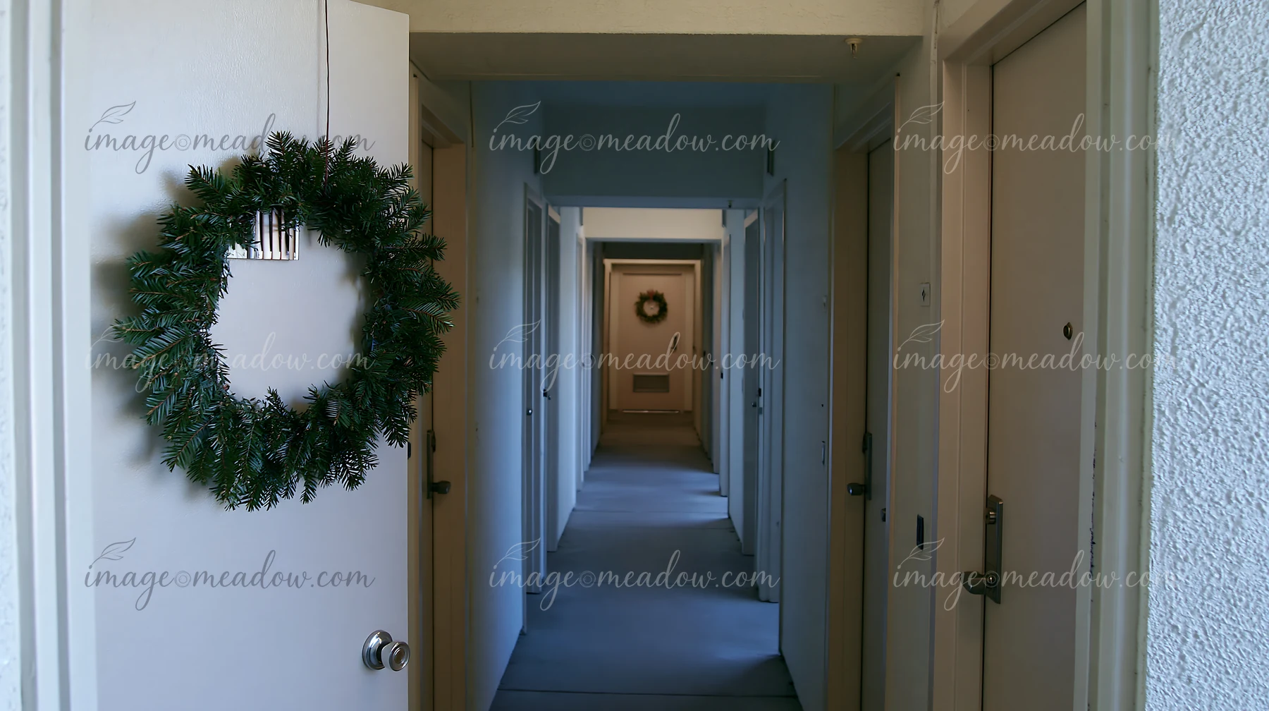 Evergreen Christmas wreath hangs on an apartment door beside a long residential hallway.