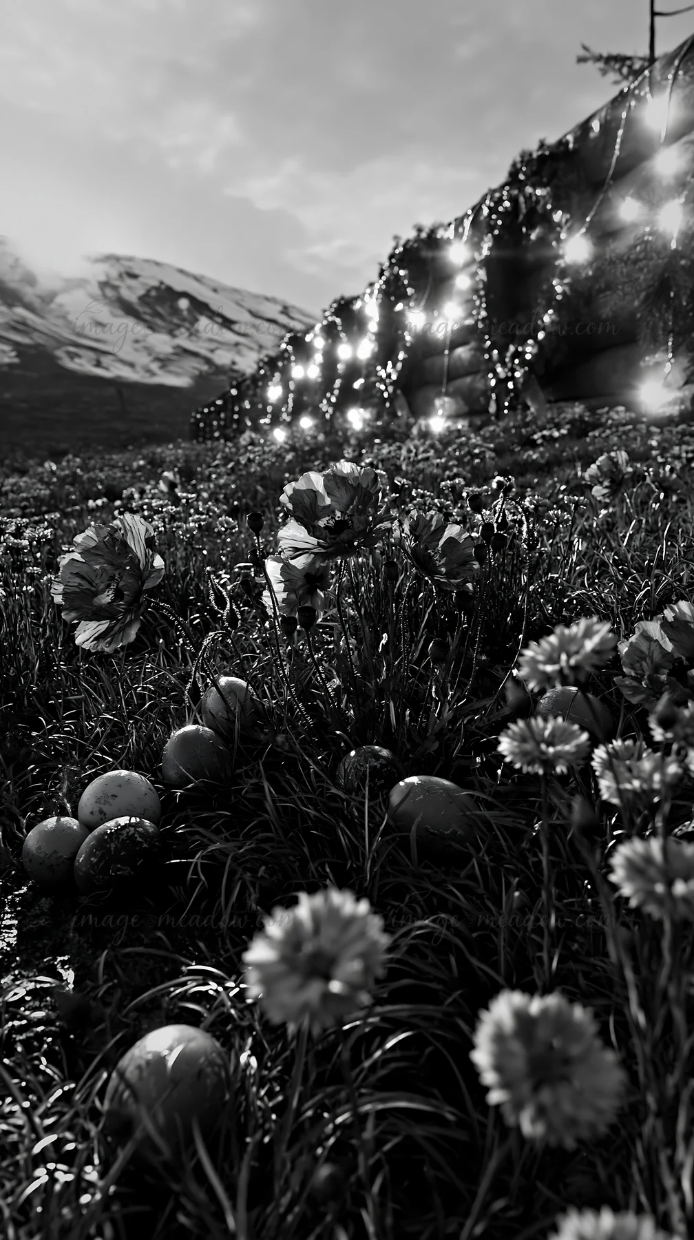 A Christmas meadow features various flowers and decorative wreaths. Log pieces are placed among the greenery. Snowy mountains serve as the backdrop, making the