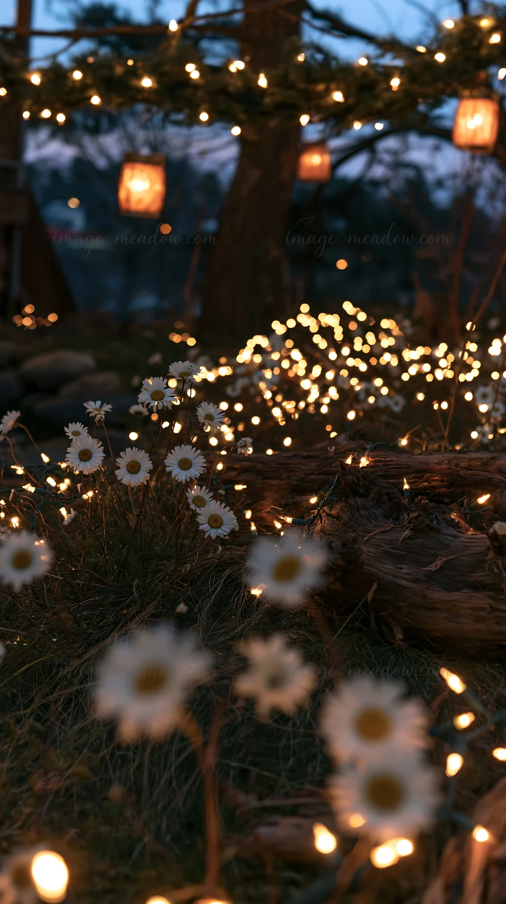 A meadow filled with white daisies is decorated with lights during Christmas. Driftwood is scattered throughout the area, creating a rustic feel in the evening