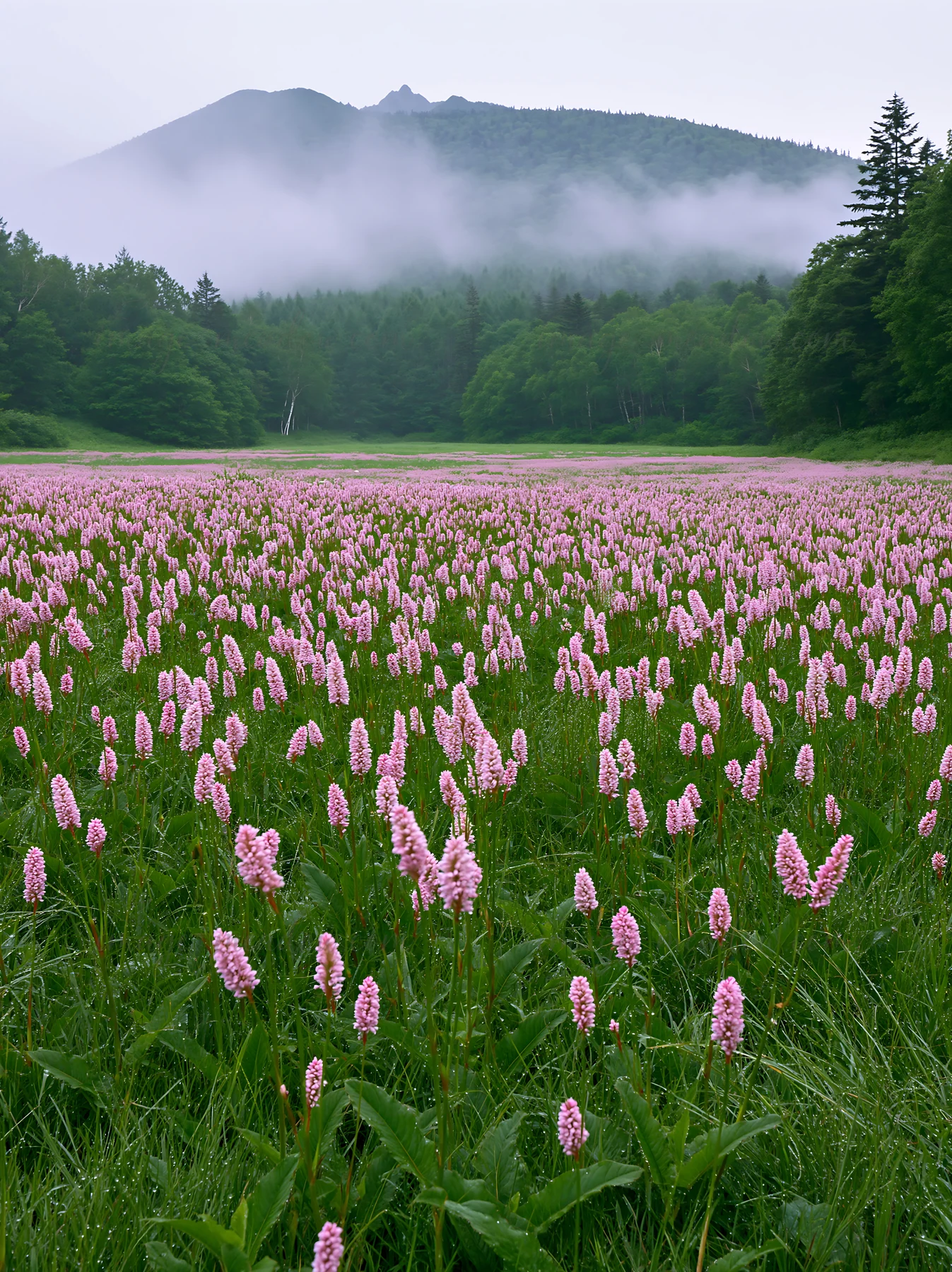 A field in Hokkaido features numerous pink flowers covered in dewdrops. The background shows mountains shrouded in fog, surrounded by green trees and open space