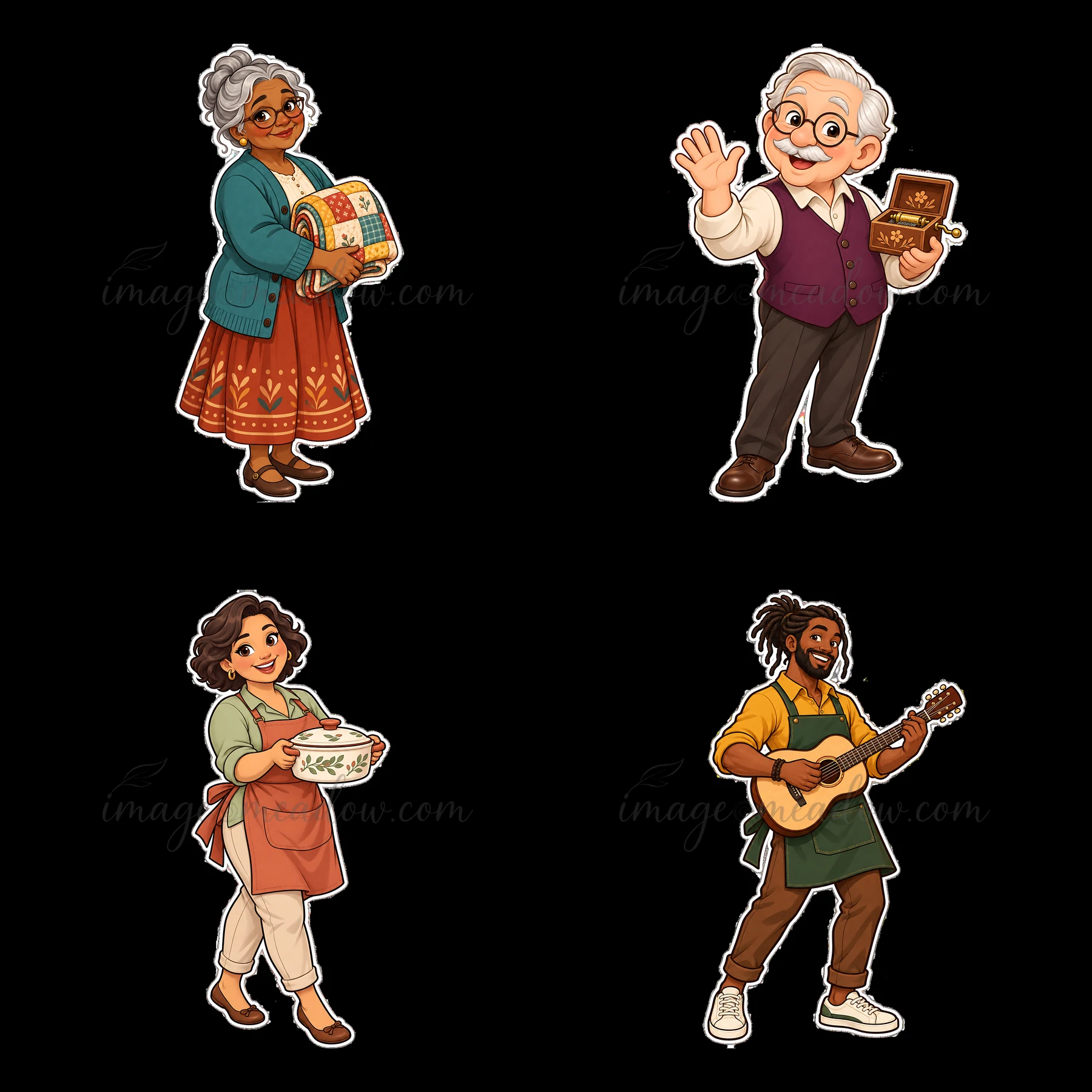 Four cartoon stickers depict family diversity. An elderly woman holds a quilt, a man waves with a book, a woman carries a bowl, and a man plays guitar. They rep