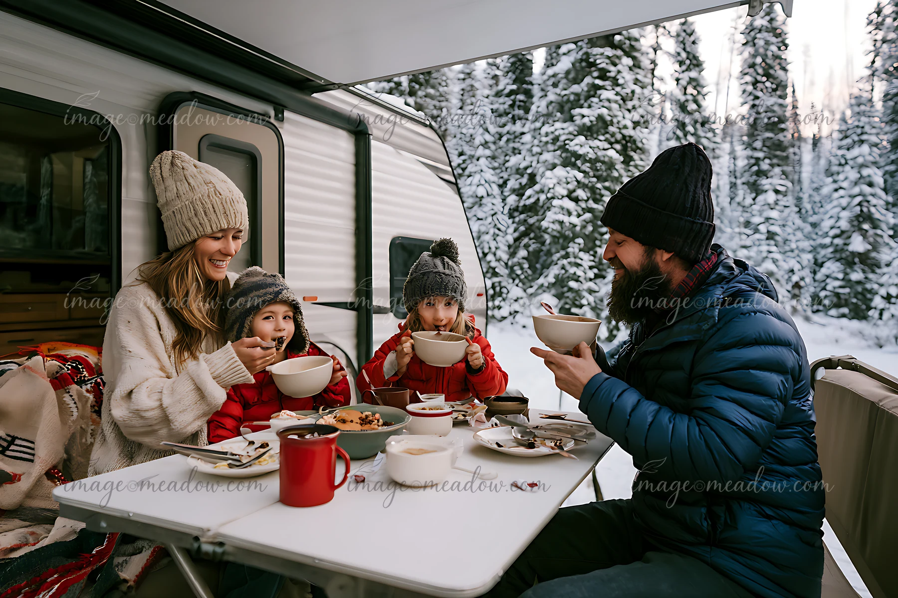 Family eats breakfast together beside a camper while snow-covered trees fill the background.