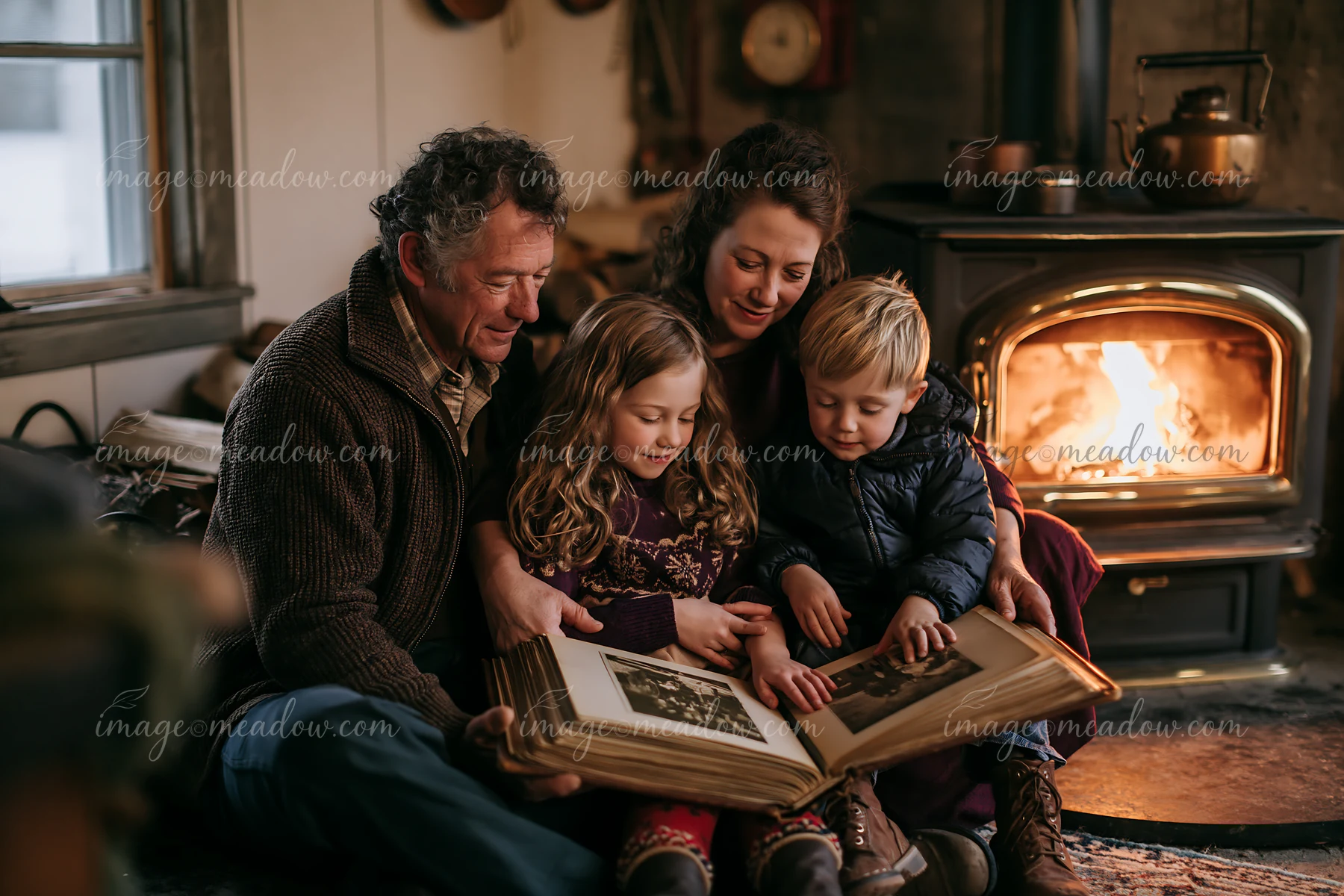 Family gathers around a warm fireplace, sharing stories while looking at a photo album.