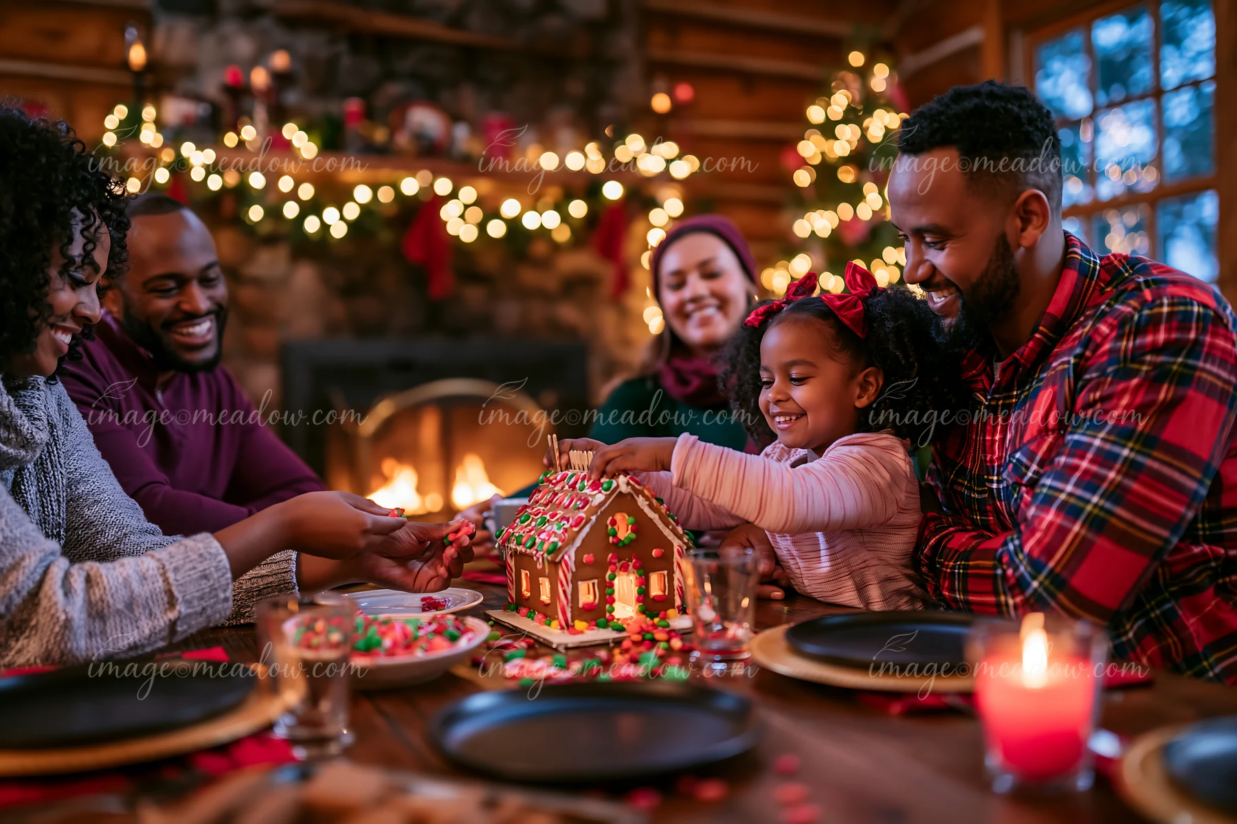Family members decorate a colorful gingerbread house together at a festive dining table beside a glowing fireplace.