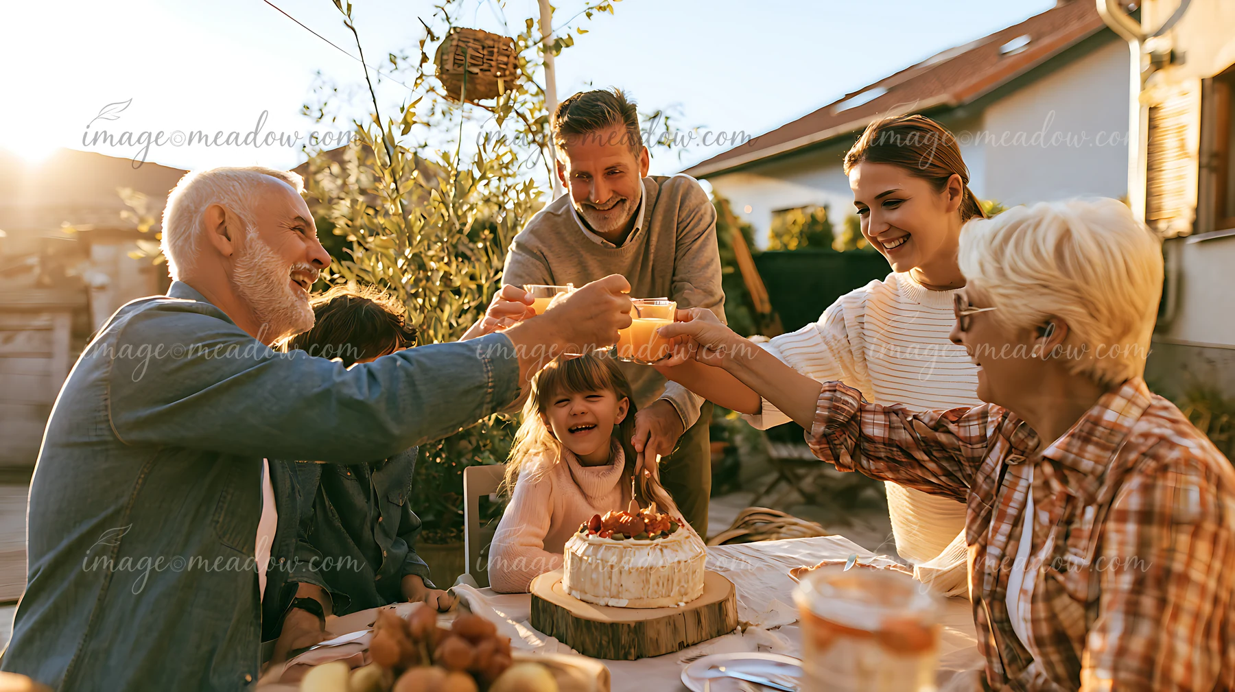 Family members smile and raise drinks around a homemade birthday cake at an outdoor table.
