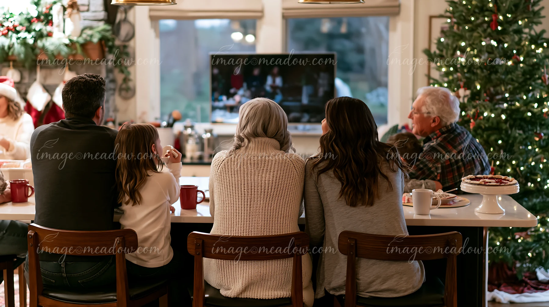 Family members watch a holiday movie together around a kitchen island beside a decorated Christmas tree.