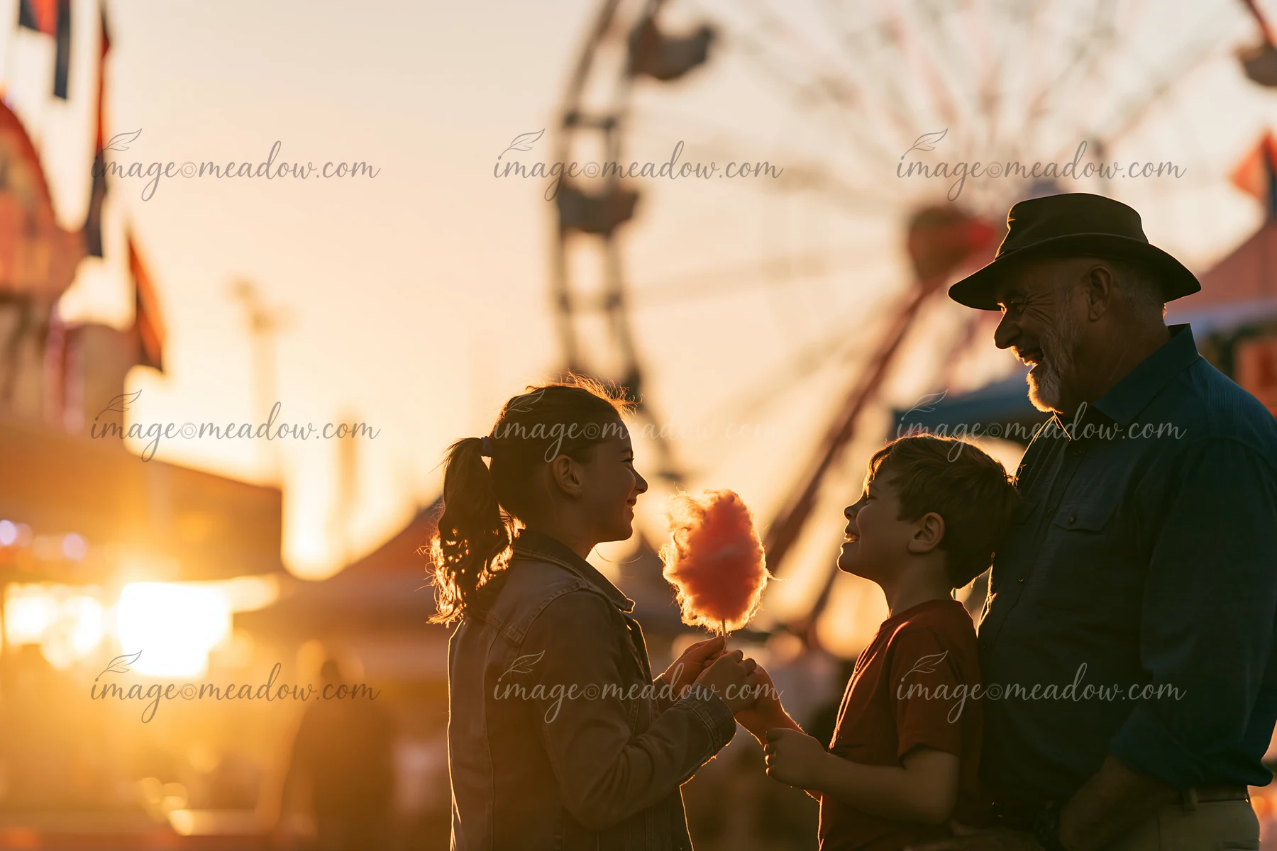 Family shares cotton candy at a sunset funfair beside a softly blurred Ferris wheel.