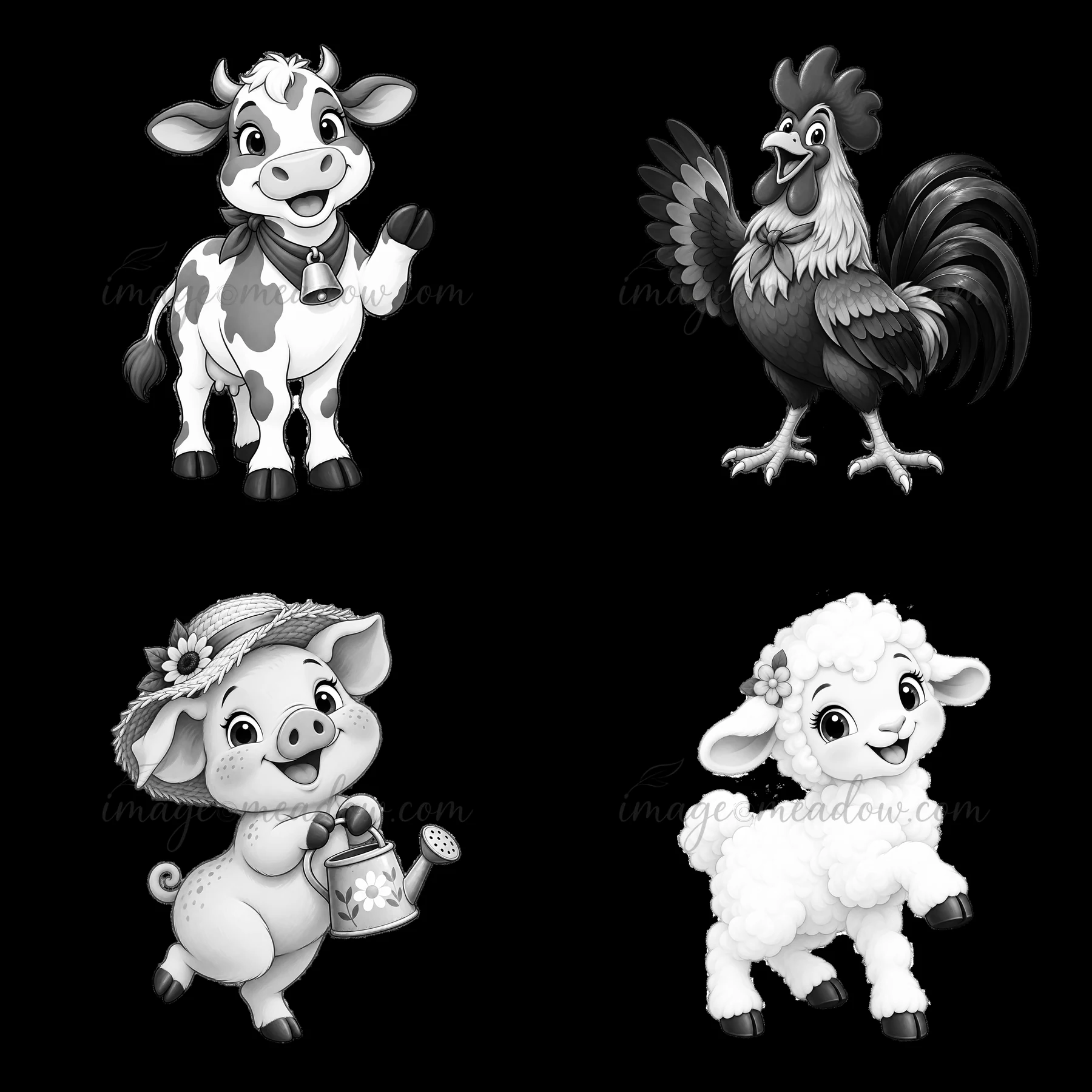 Four cartoon animals are arranged in a 2x2 grid. A cow with a bell, a rooster with raised feathers, a pig watering plants, and a sheep with a flower appear in a