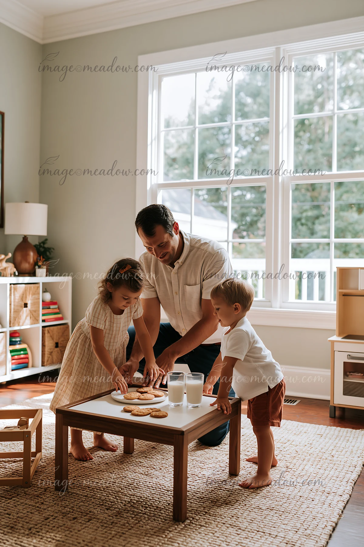 Father and two children arrange milk and cookies on a coffee table in a bright living room.